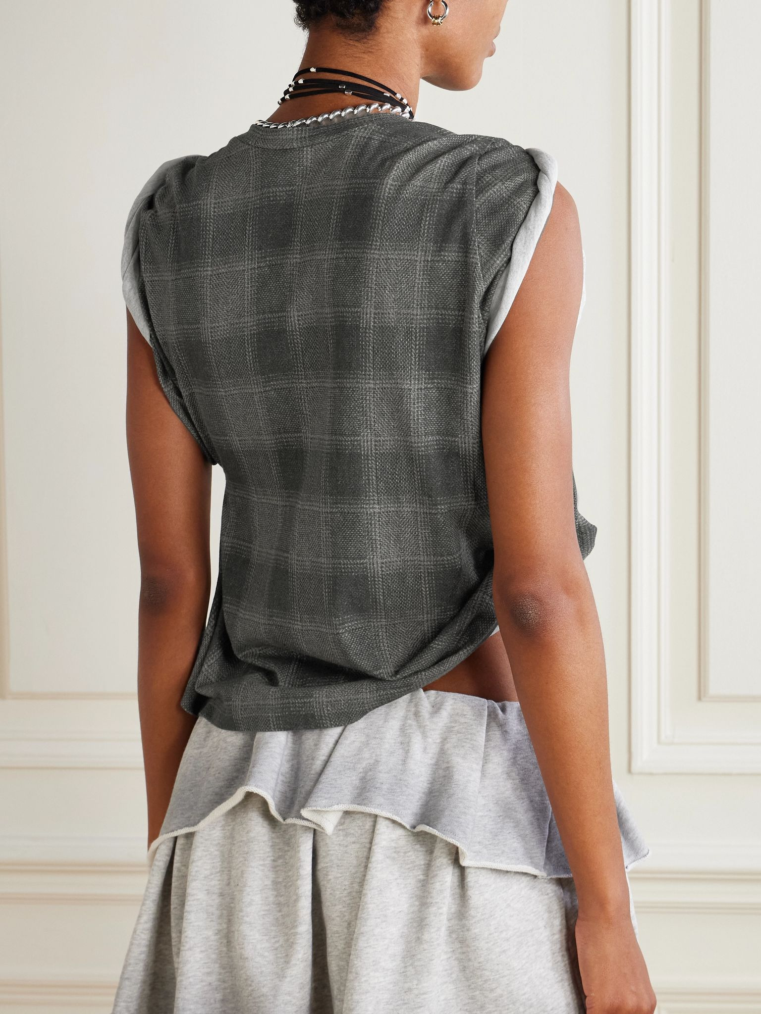 Asymmetric checked cotton T-shirt Gray - 3