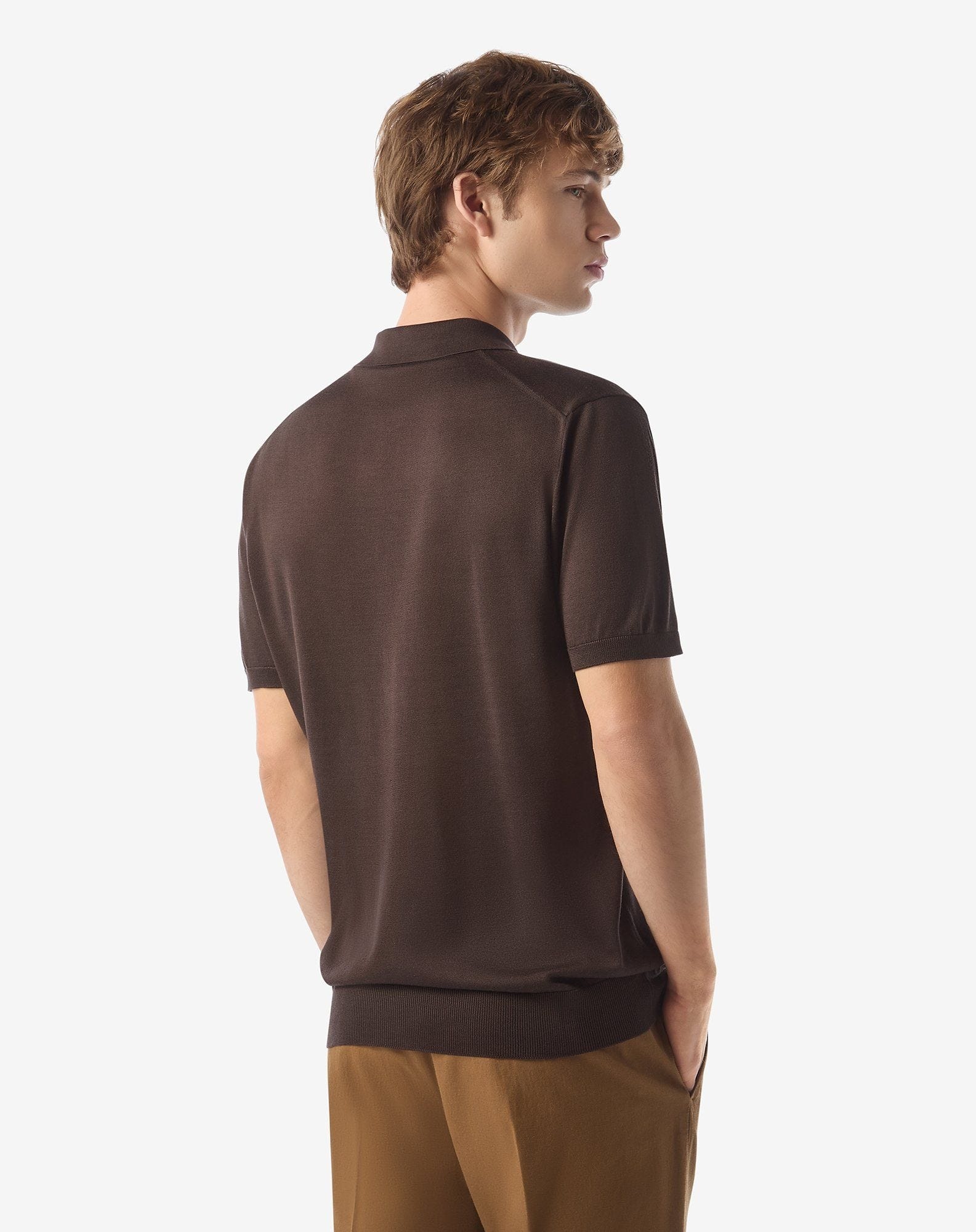 Brown pure silk button-up polo - 3