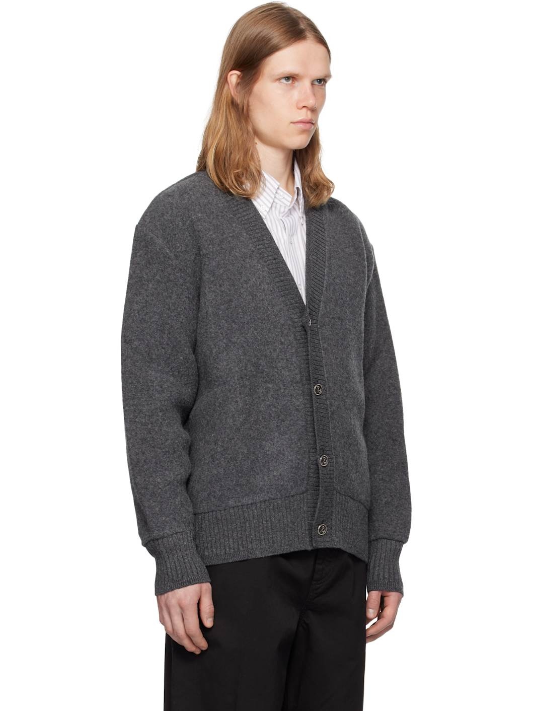 Gray Wool Fleece Oversized V Neck Cardigan - 2