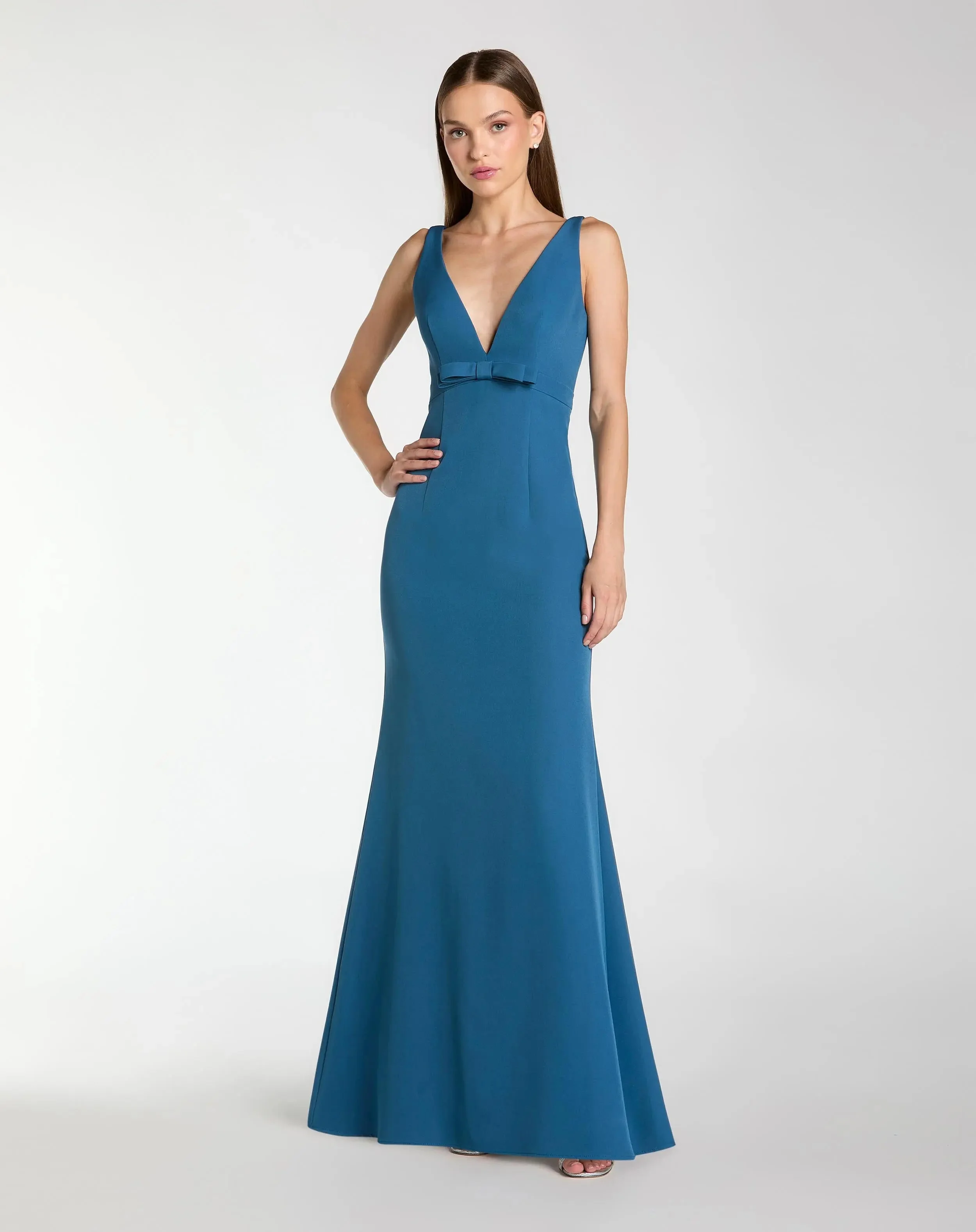Ocean Crepe V-Neck Mermaid Gown With Bow - 1