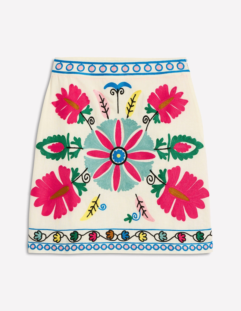 Aline Embroidered Linen Skirt-Ivory Embroidery 1