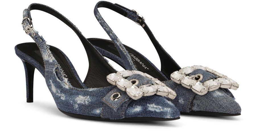 Patchwork denim slingbacks with rhinestone buckle - 2