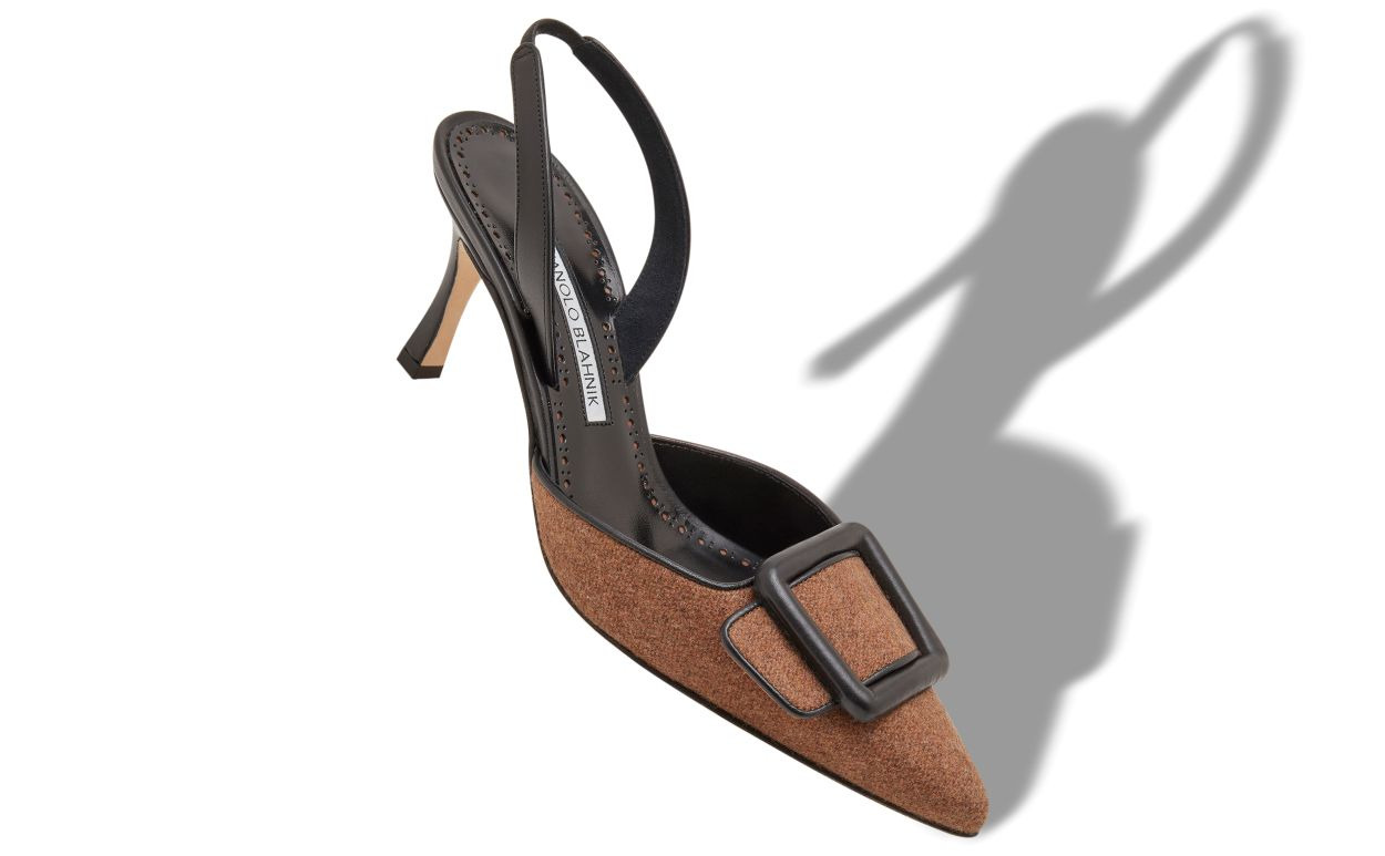 Brown and Black Wool Buckle Detail Slingback Pumps - 2
