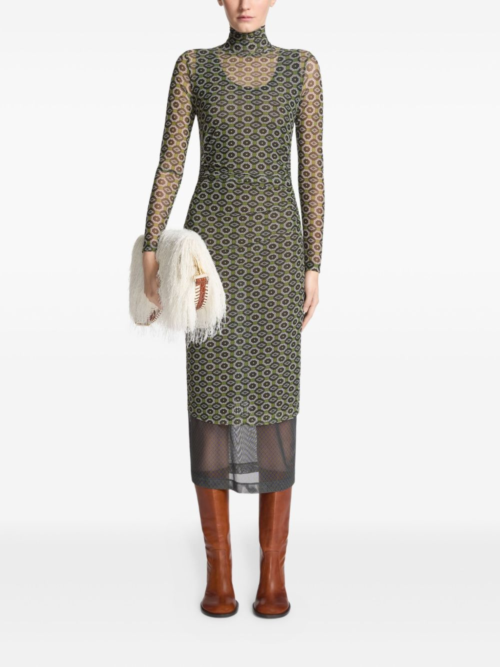 printed mesh turtleneck dress - 2