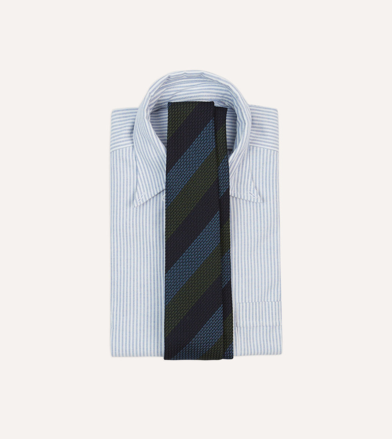 Drake's Navy, Green and Blue Block Stripe Hand Rolled Silk Grenadine Tie outlook