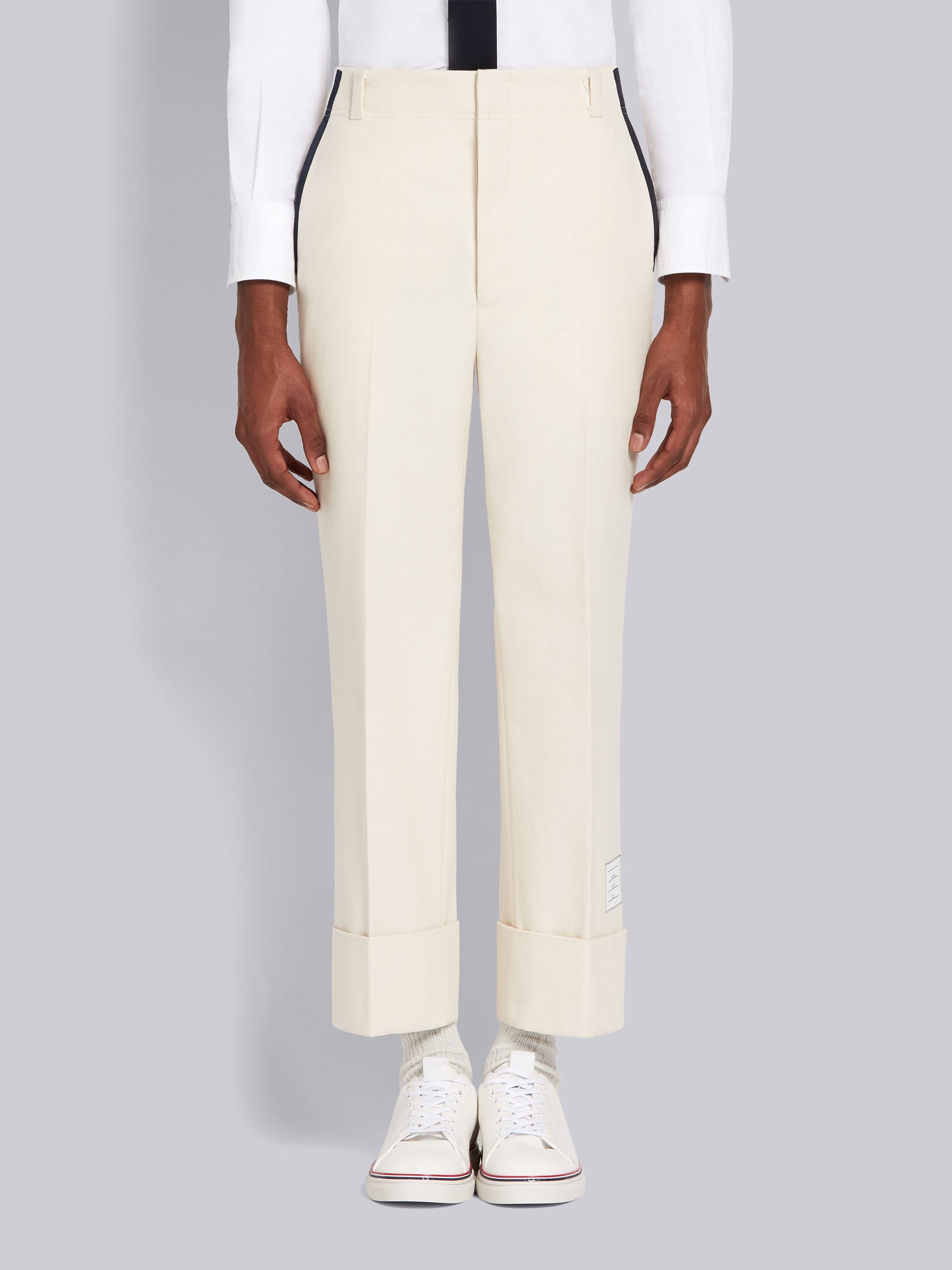 Off White Cotton Canvas Grosgrain Tipping Belt Loop Straight Leg Trouser - 1