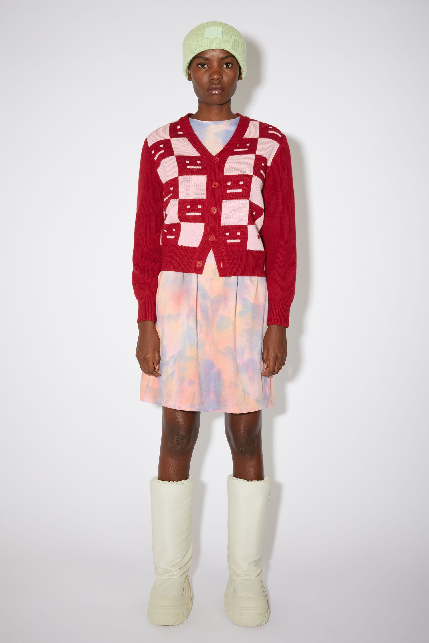 Wool knit cardigan - Deep red/faded pink melange - 2