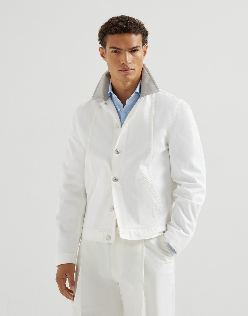 Garment-dyed outerwear jacket in comfort cotton lightweight denim with leather collar 2