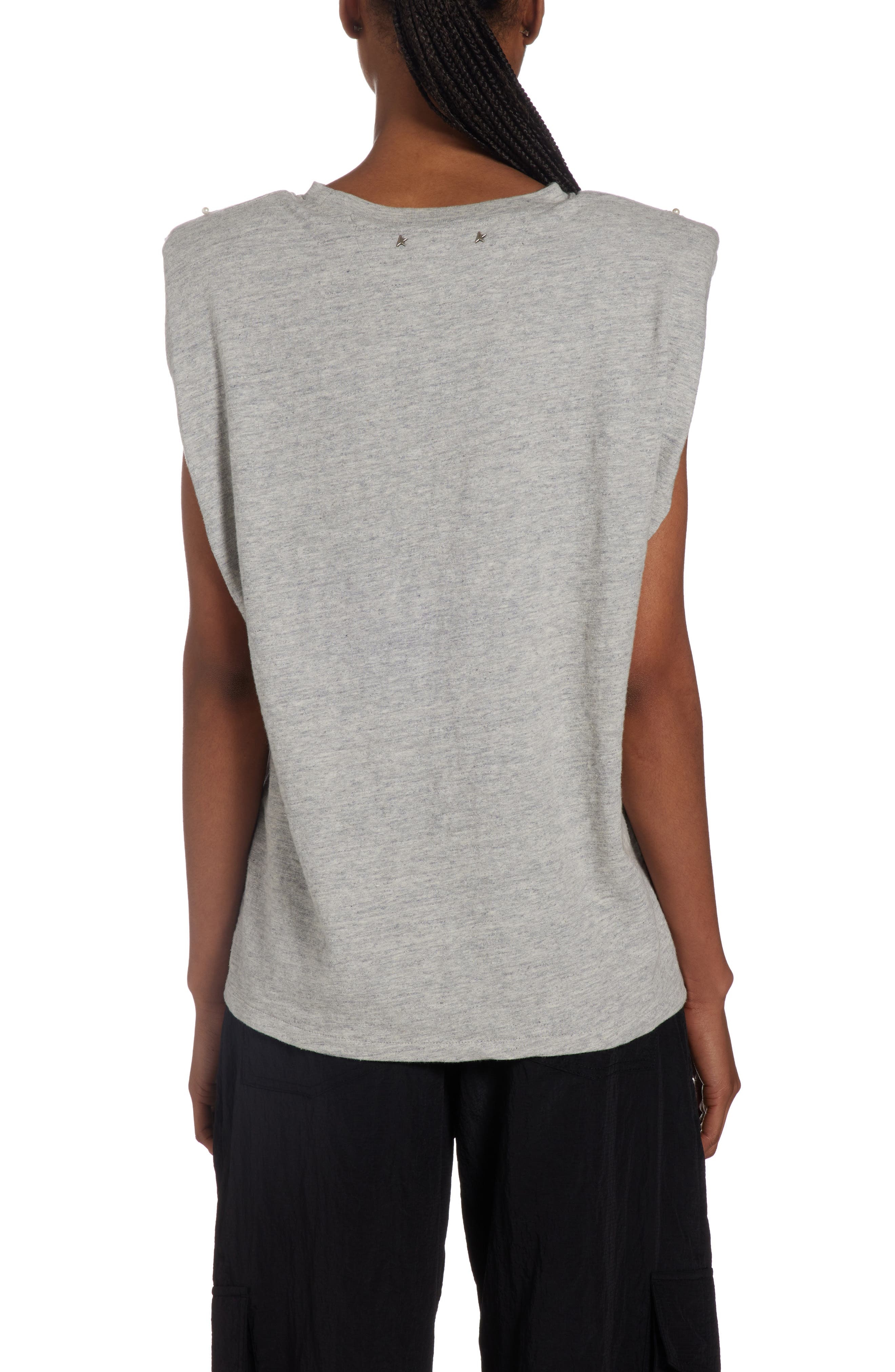 Golden Goose Imitation Pearl Embellished Cotton Shoulder Pad Tank in Melange Grey/Heritage White at  - 3