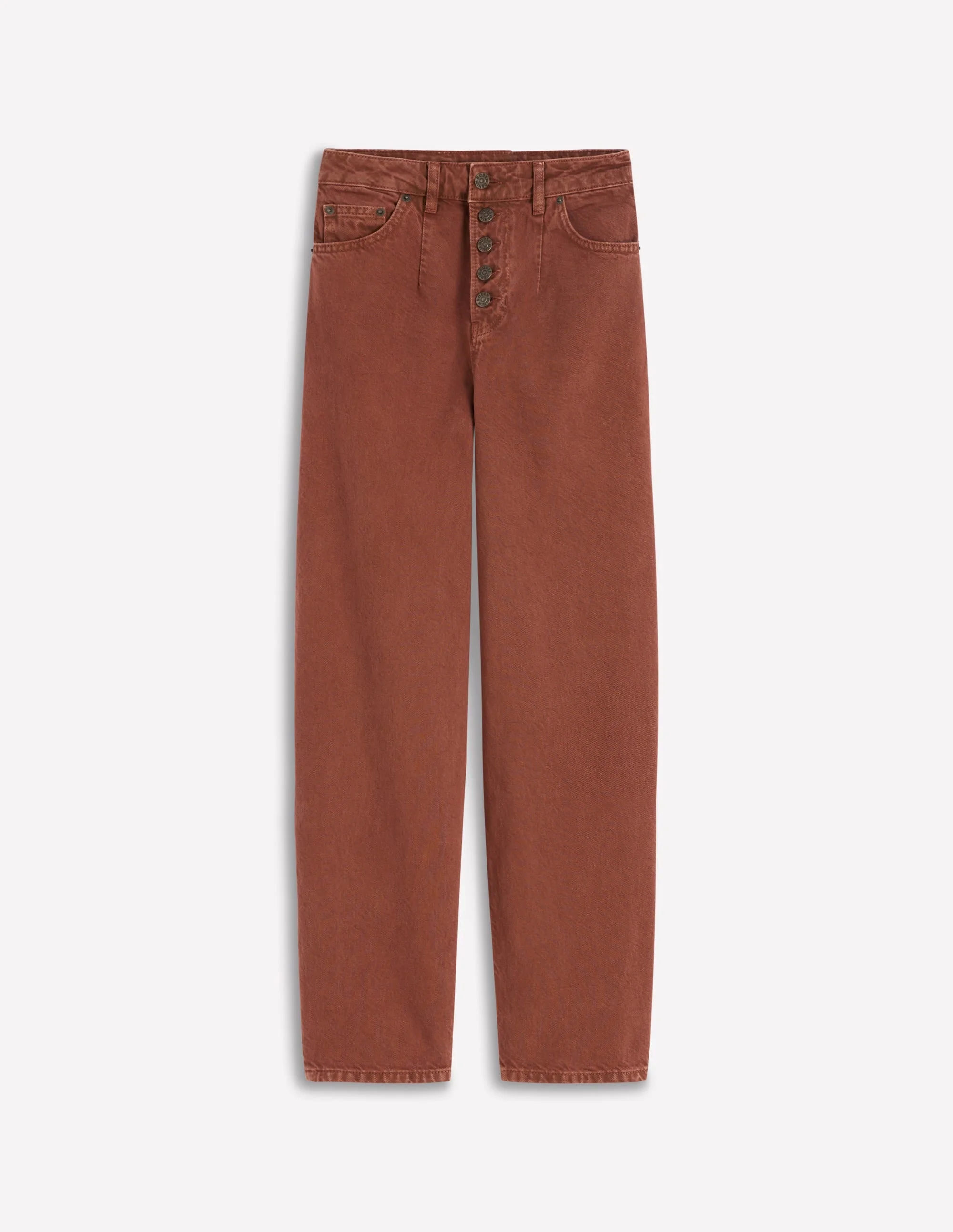 Exposed Button Straight Jeans-Brown - 1