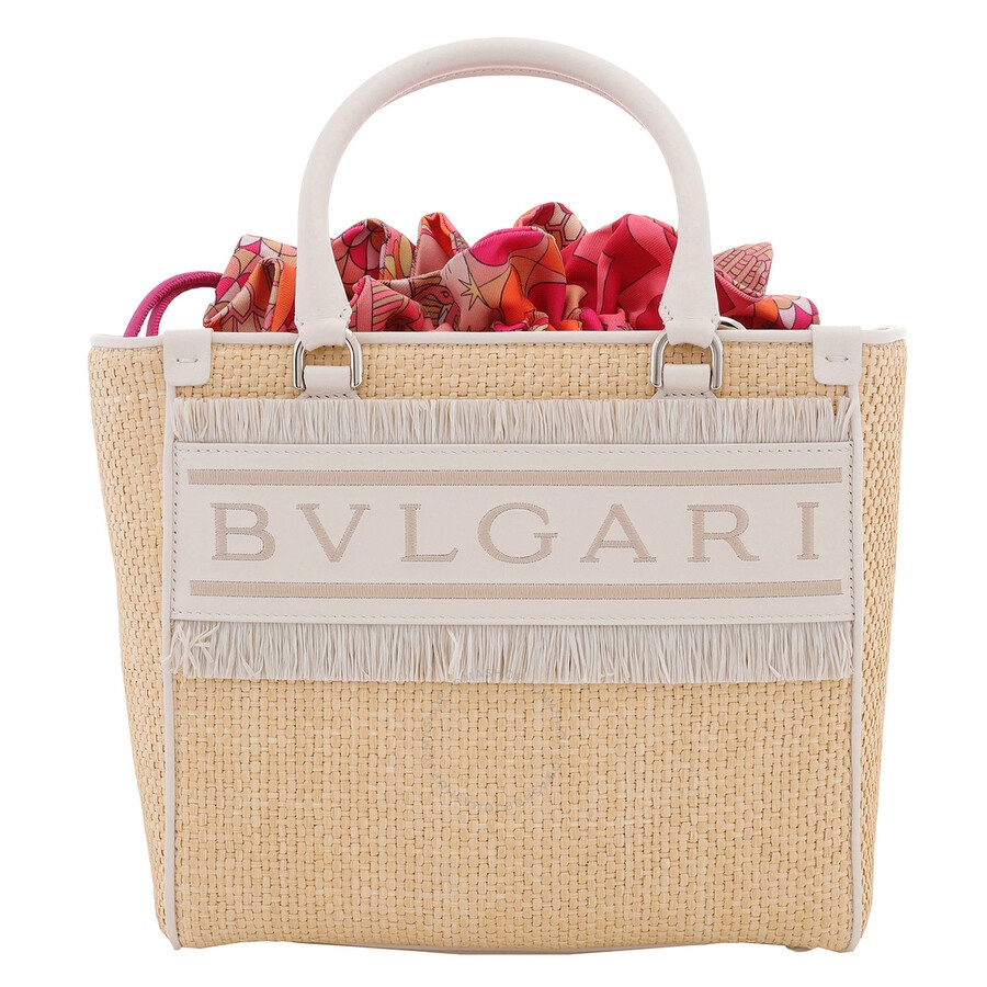 Bvlgari Ivory Raffia Logo Tote Bag - 1