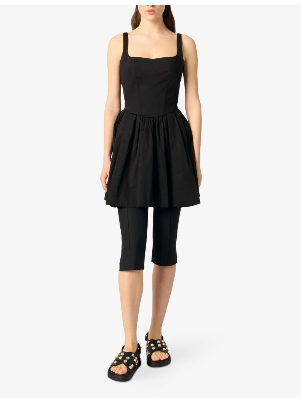 Square-Neck Flared-Skirt Sleeveless Stretch-Cotton Mini Dress - 2