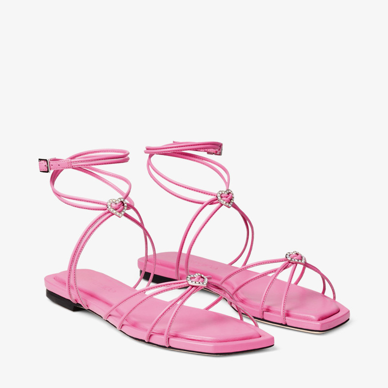 Indiya Flat Candy Pink Nappa Leather Flat Sandals with Crystal Hearts 3