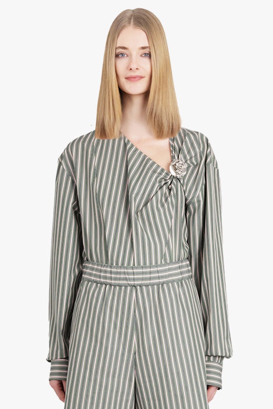 CIJOU STRIPE ASYMMETRICAL KNOT DETAIL L/S BLOUSE | PISTACHIO/PINK - 2