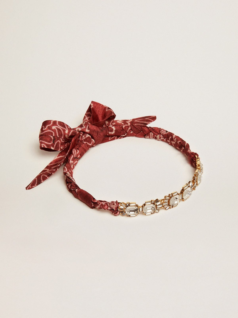 Women's necklace in old gold color with crystals and printed scarf 1