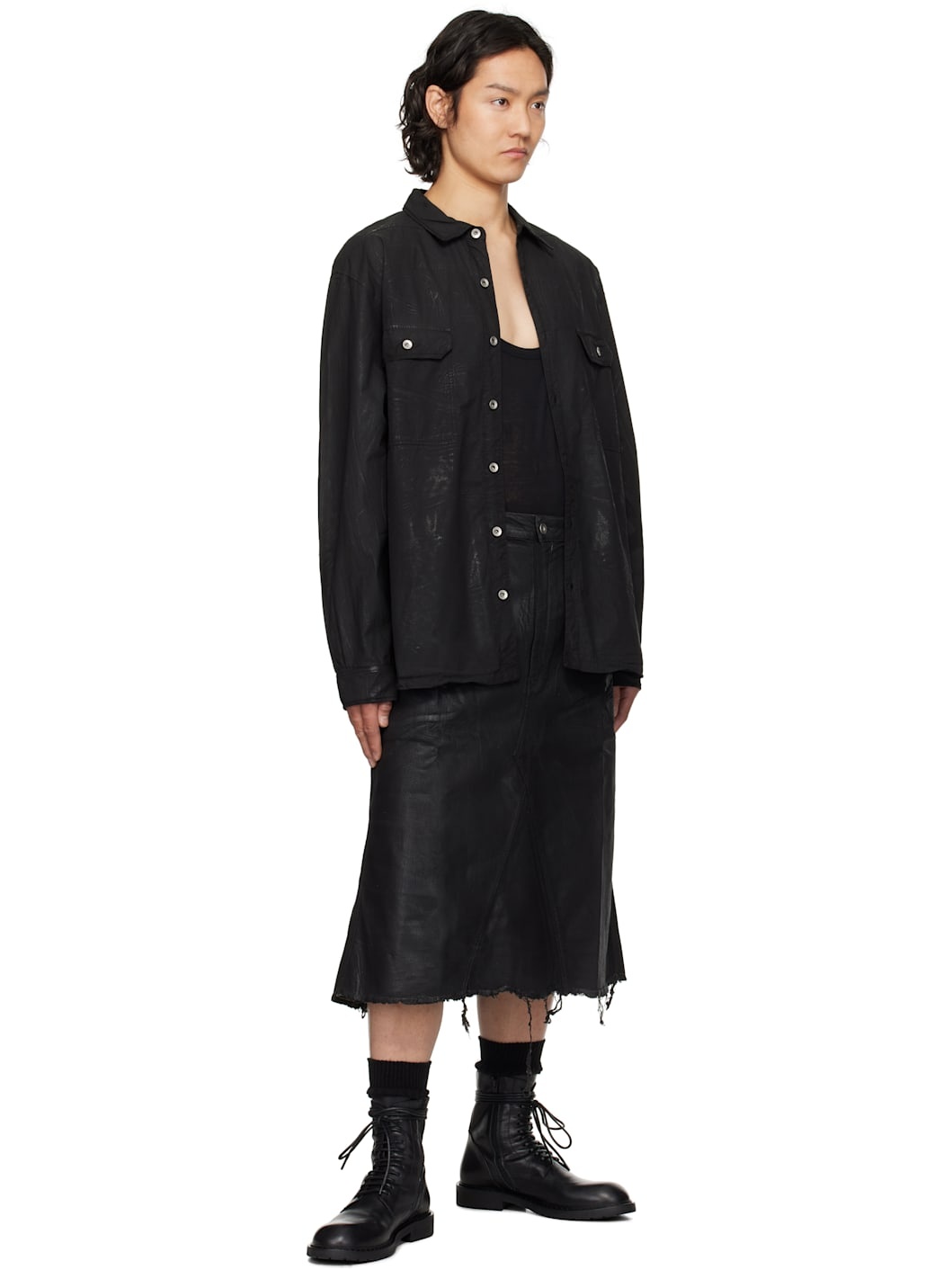 Black Hollywood Godet Denim Midi Skirt - 4