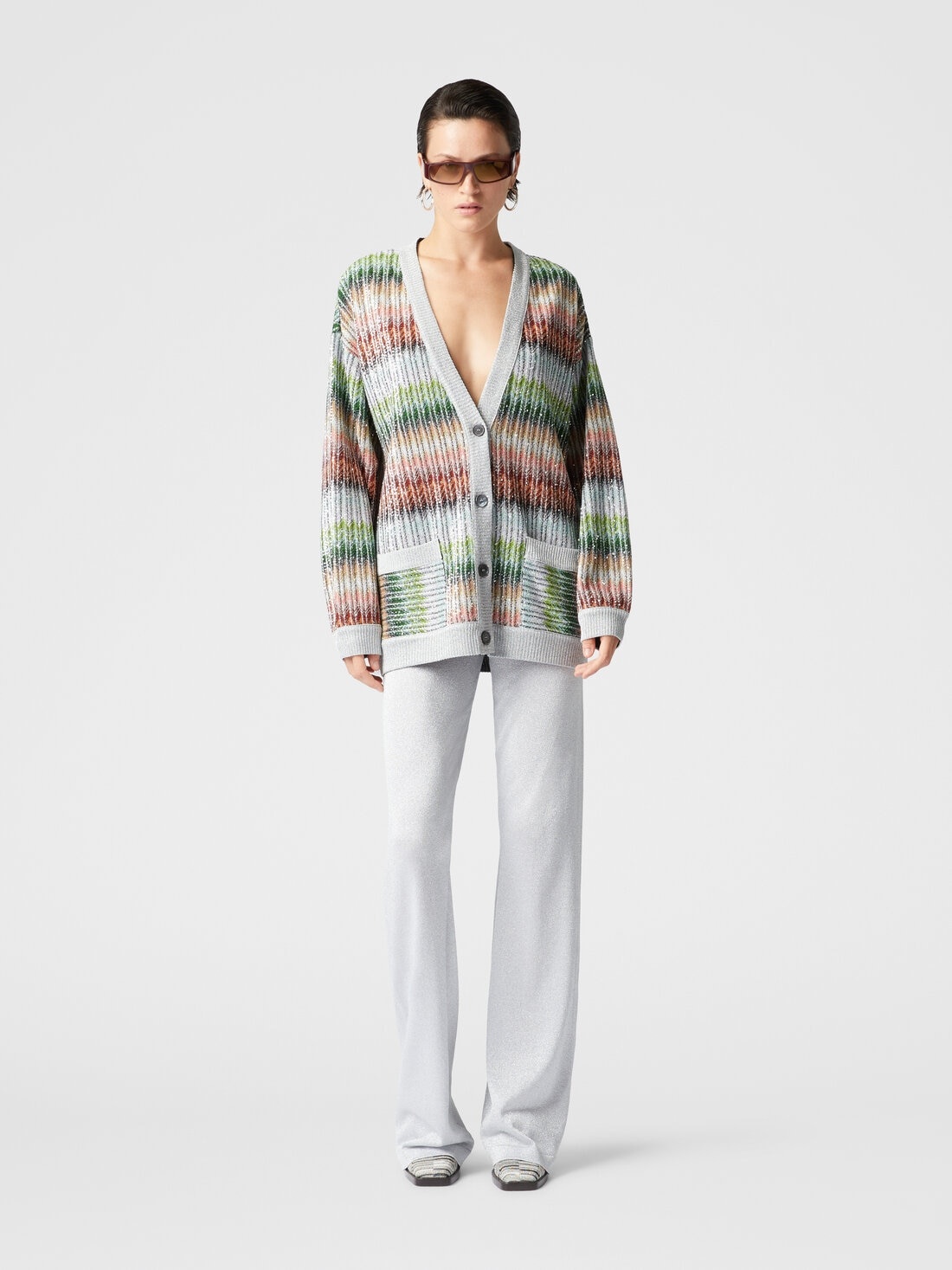 Oversized cardigan in gradient zigzag knit with sequins and front pockets - 2