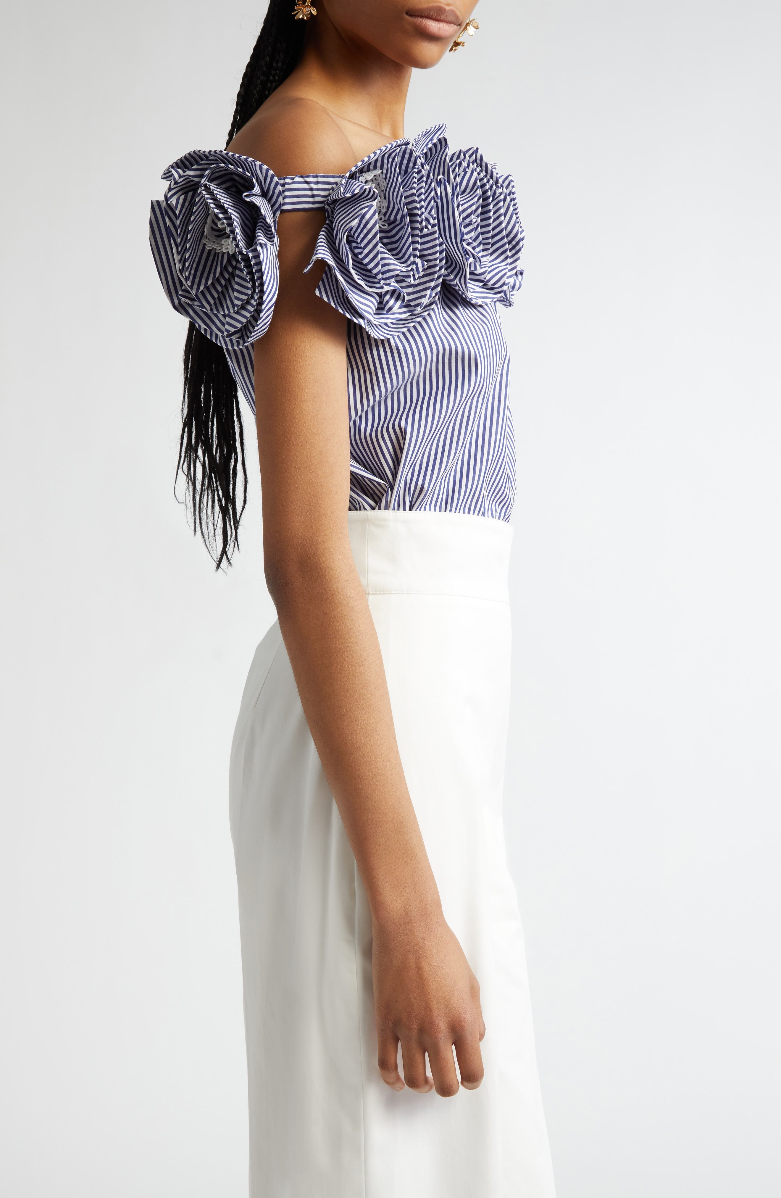 Carolina Herrera Embroidered Flower Off the Shoulder Top in White/Blue at Nordstrom - 4