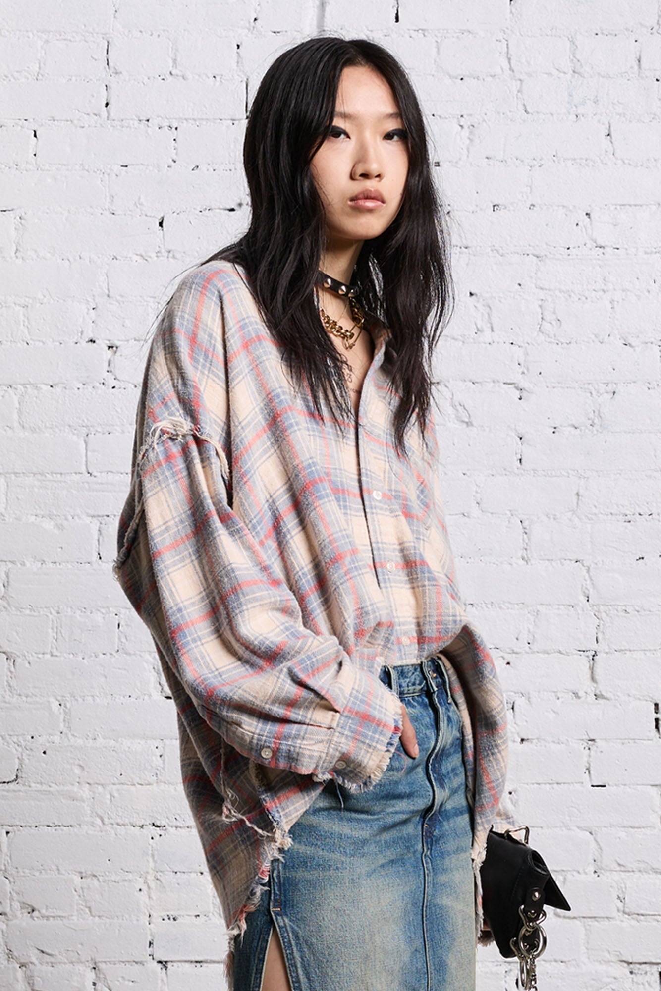 SHREDDED SEAM DROP NECK - BLEACHED ECRU PLAID - 2