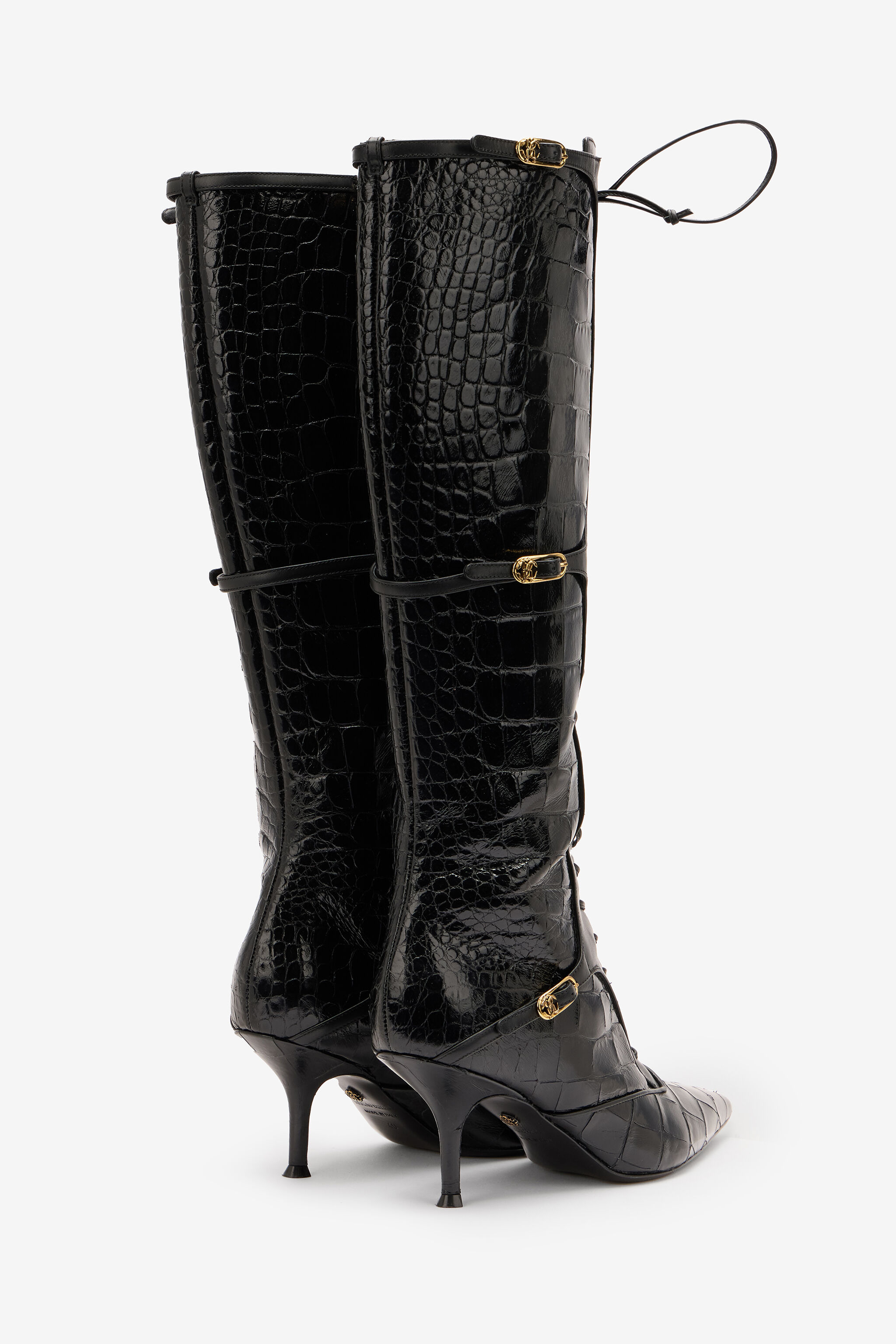 Pointed Lace-Up Boots With Crocodile Effect - 3