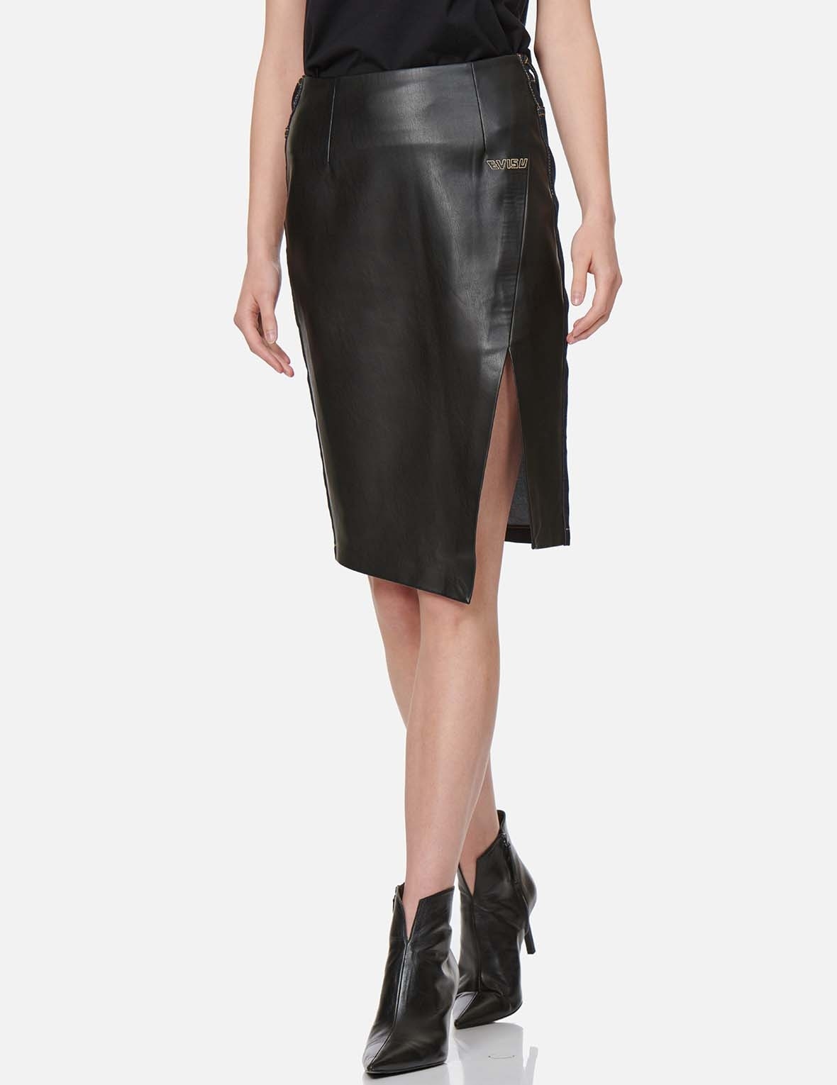 PU PANEL DENIM PENCIL SKIRT - 3