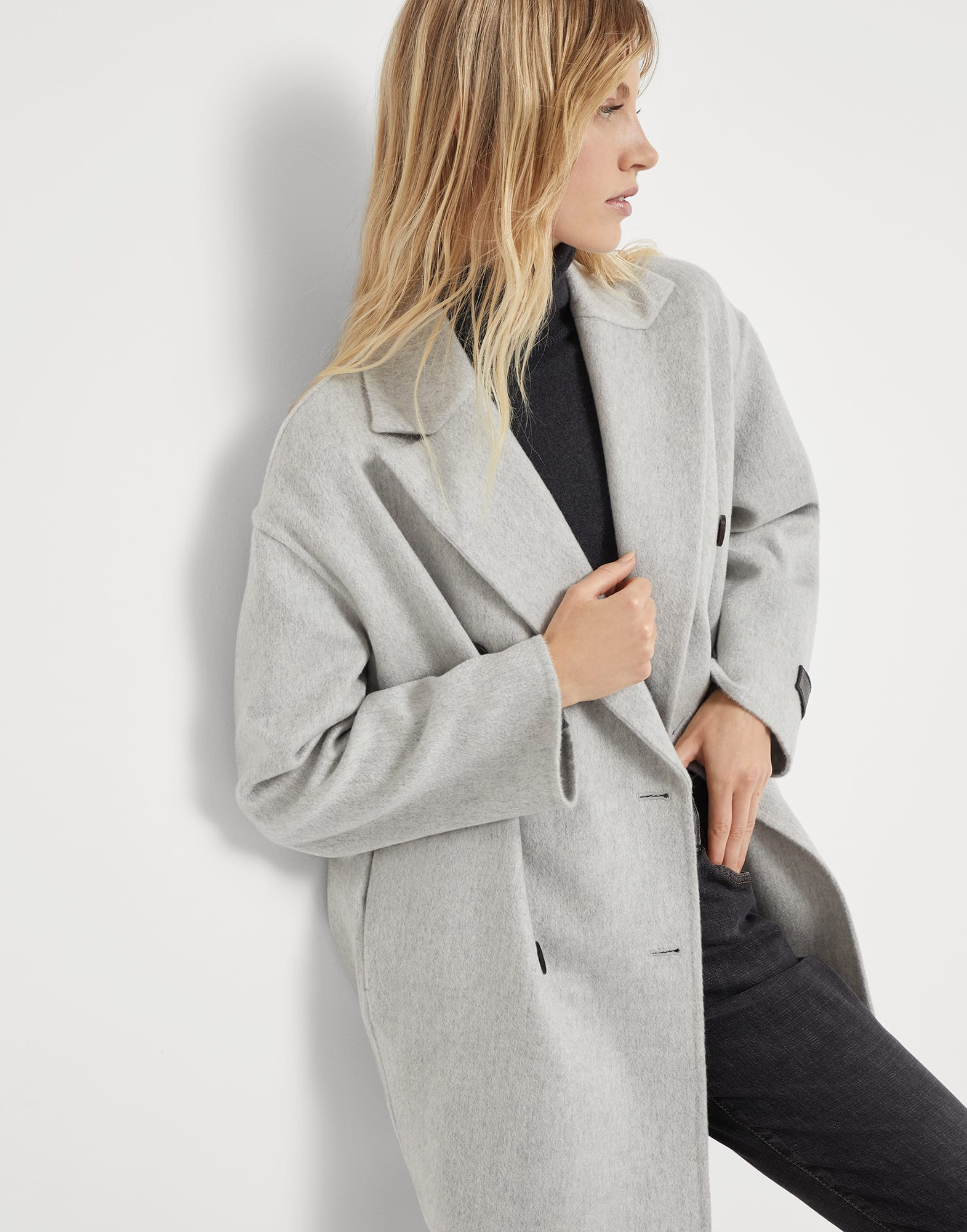 Cashmere double beaver cloth pea coat with precious patch - 4