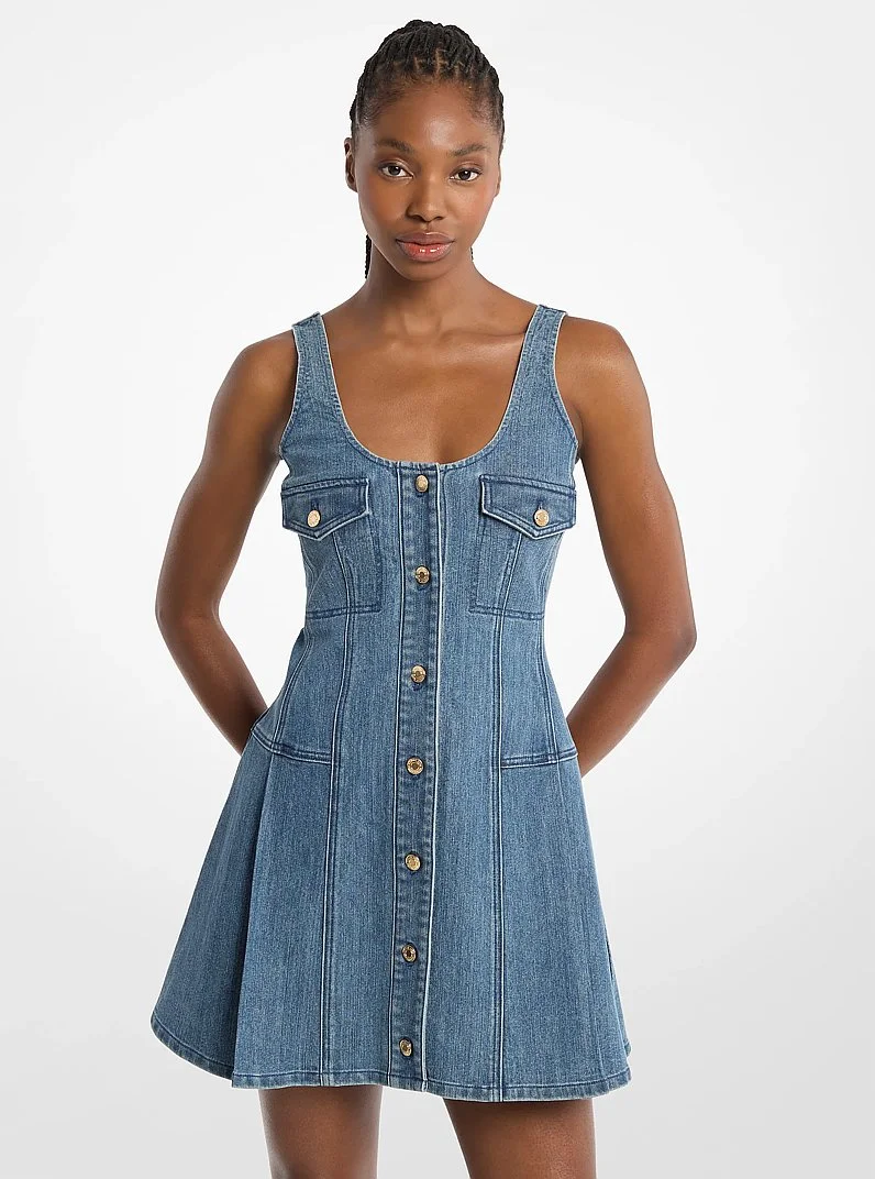 Pleated Denim Mini Dress - 1