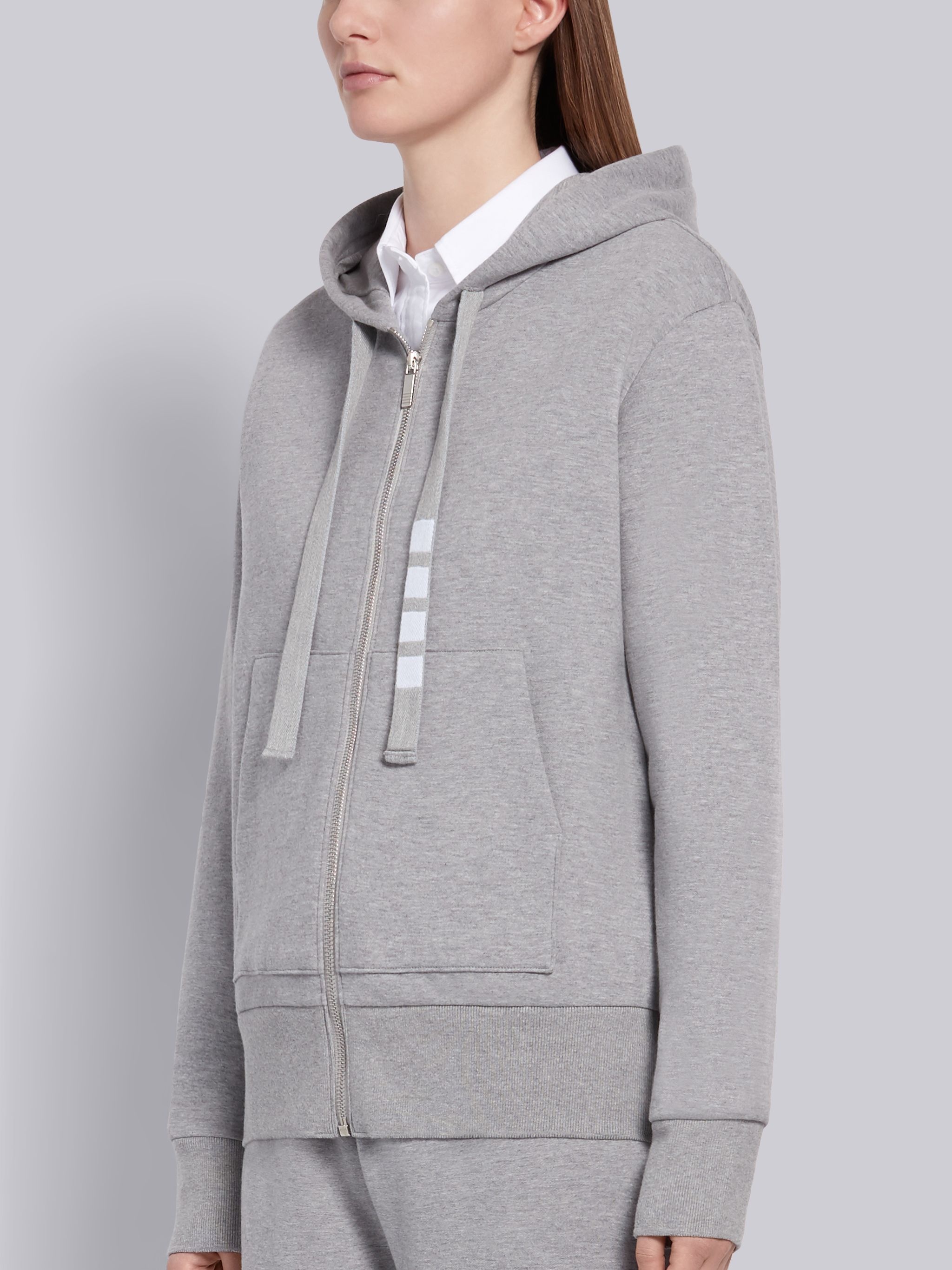 Light Grey Compact Double Knit Cotton Zip-up 4-Bar Hoodie - 2