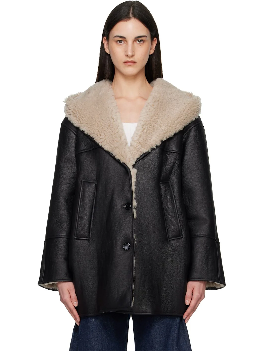 Black Hooded Shearling Parka Jacket - 1
