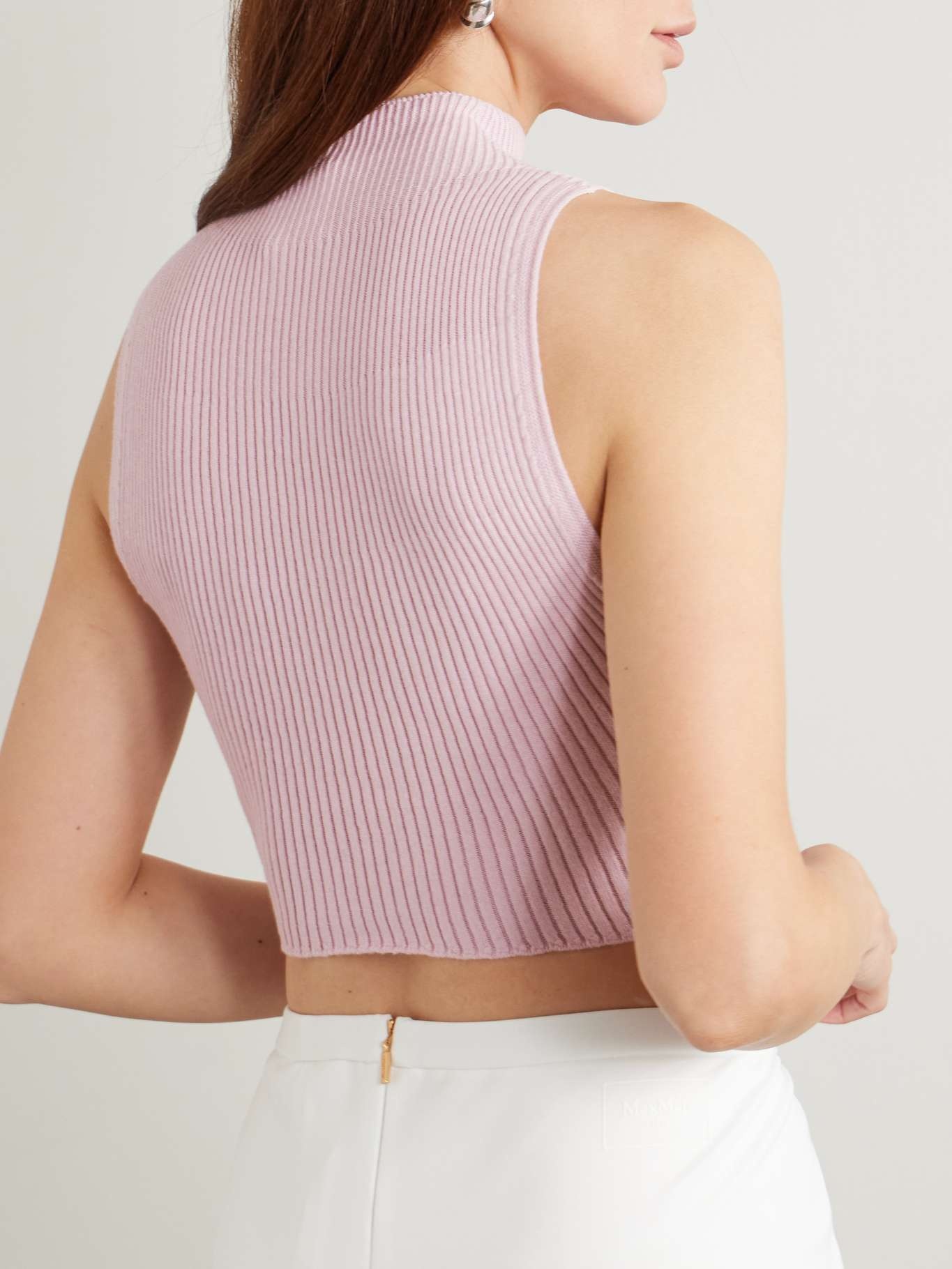 Cropped appliquéd ribbed cotton and merino wool-blend tank Baby pink - 3