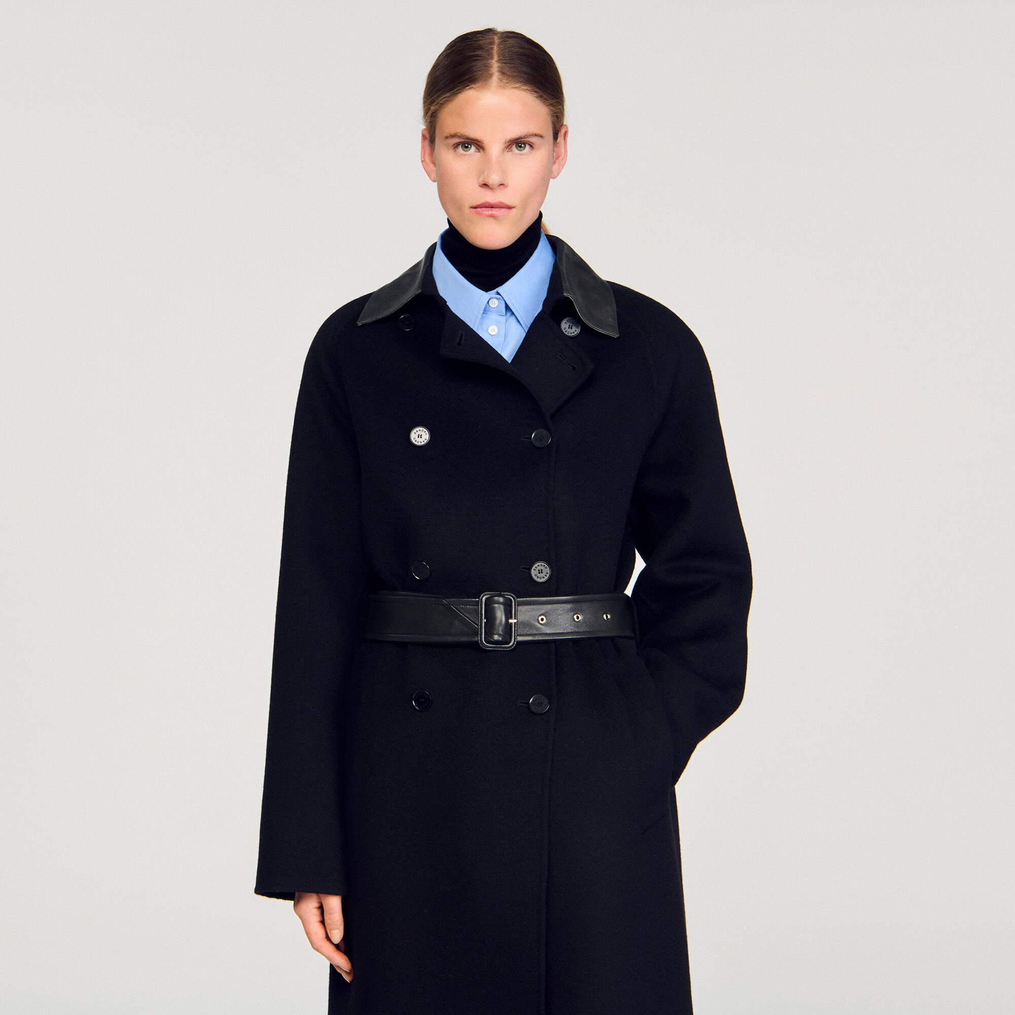 LONG WOOL AND LEATHER COAT - 4