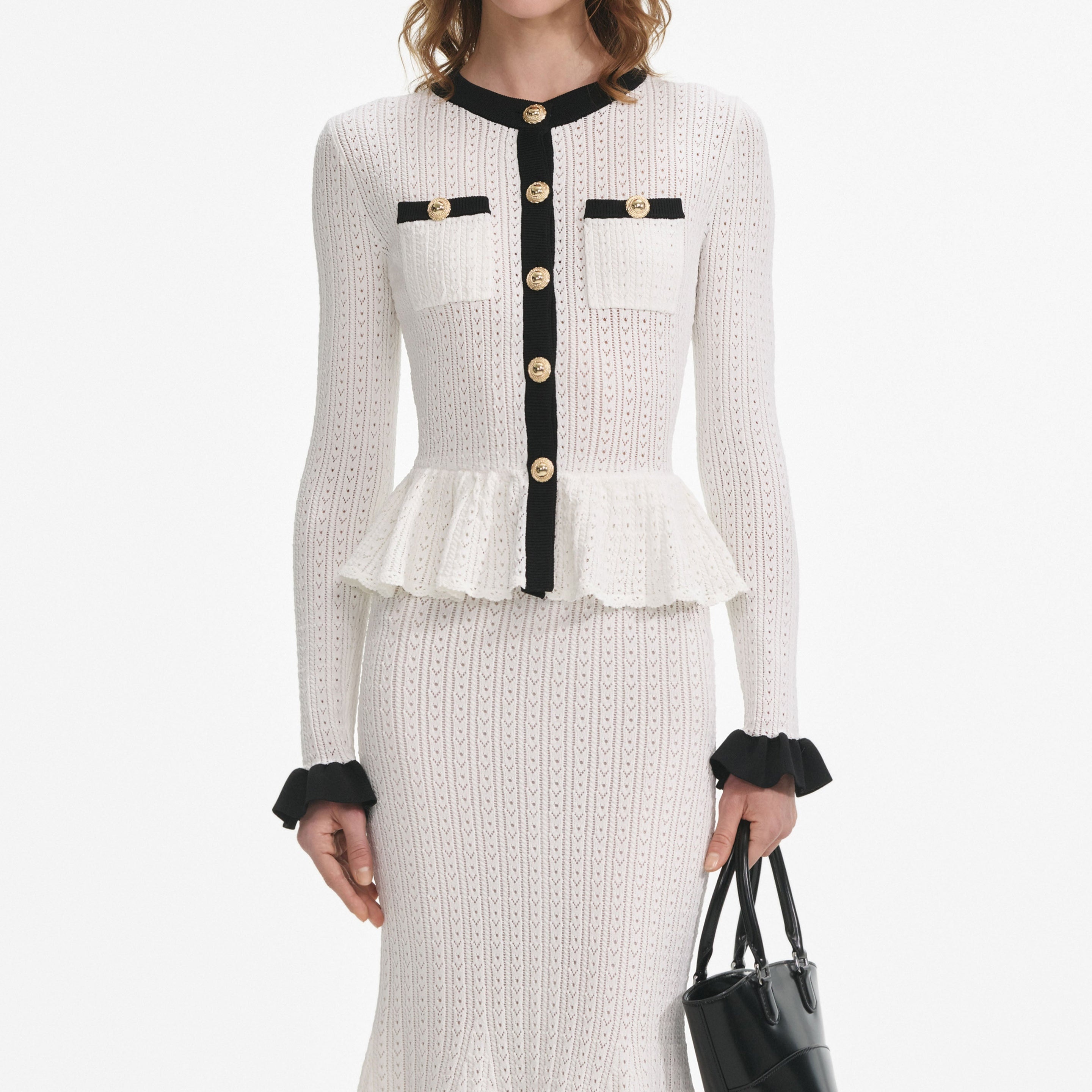 White Pointelle Knit Contrast Midi Dress - 4