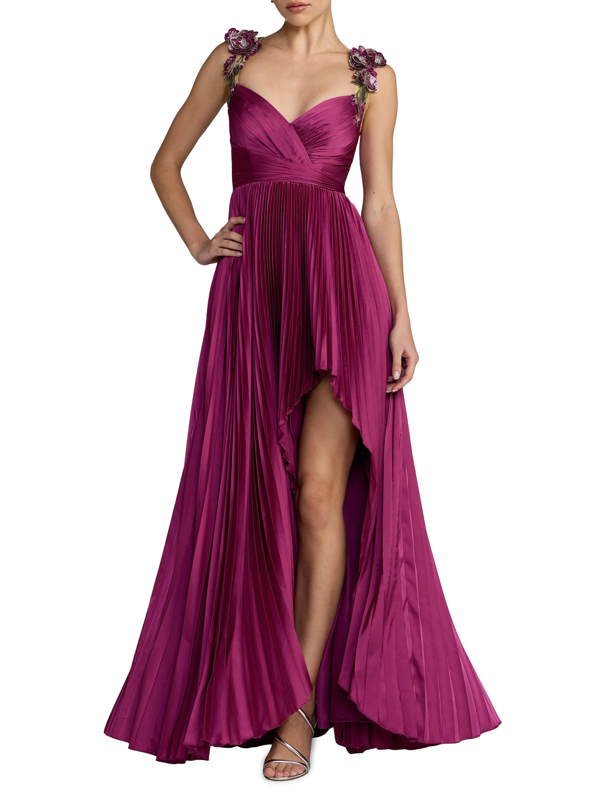 Women's Flower-Strap Pleated Charmeuse High-Low Gown - Magenta - 1