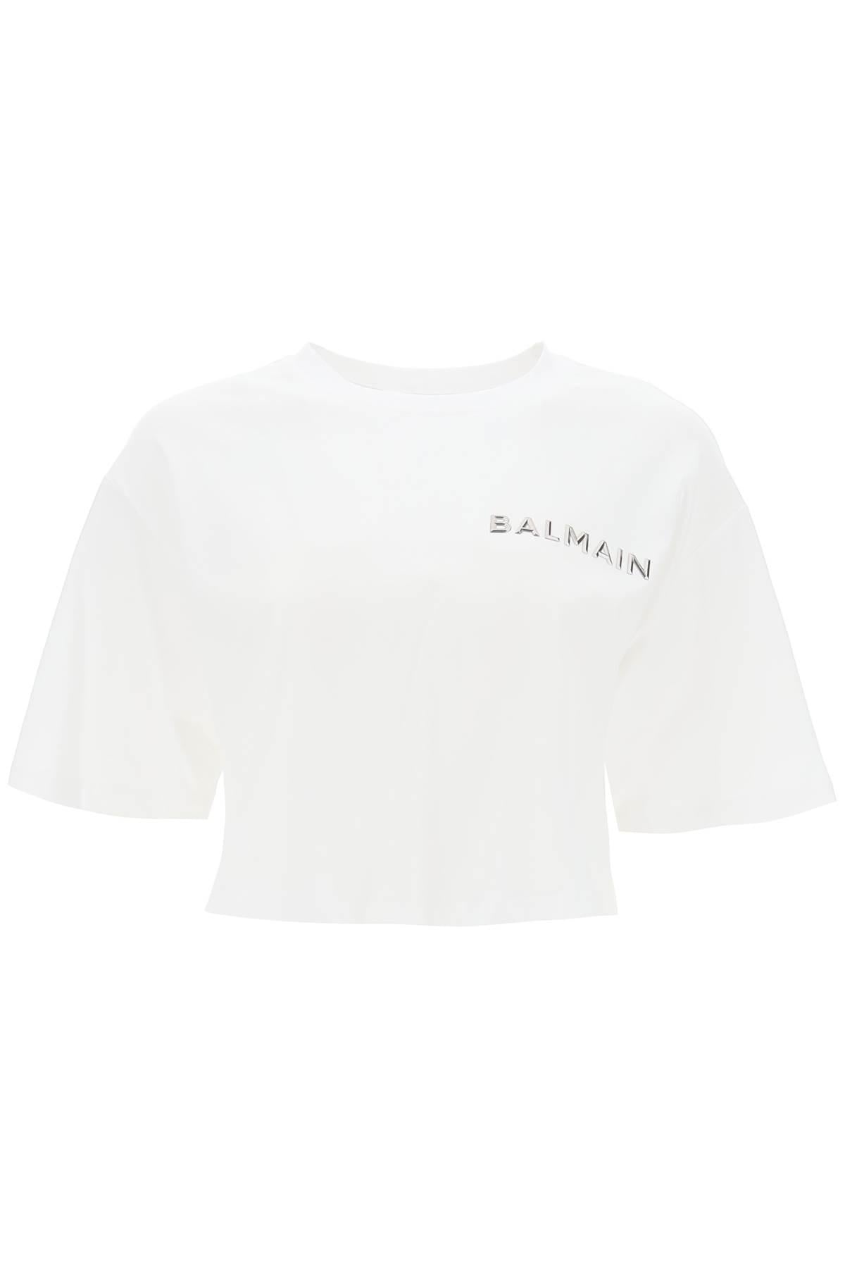 Balmain Cropped T Shirt With Metallic Logo - 1