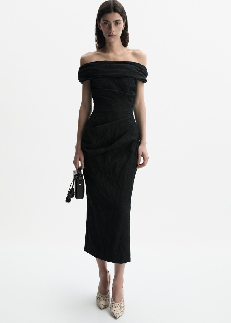 MAGDA BUTRYM Off-shoulder draped midi dress in black outlook