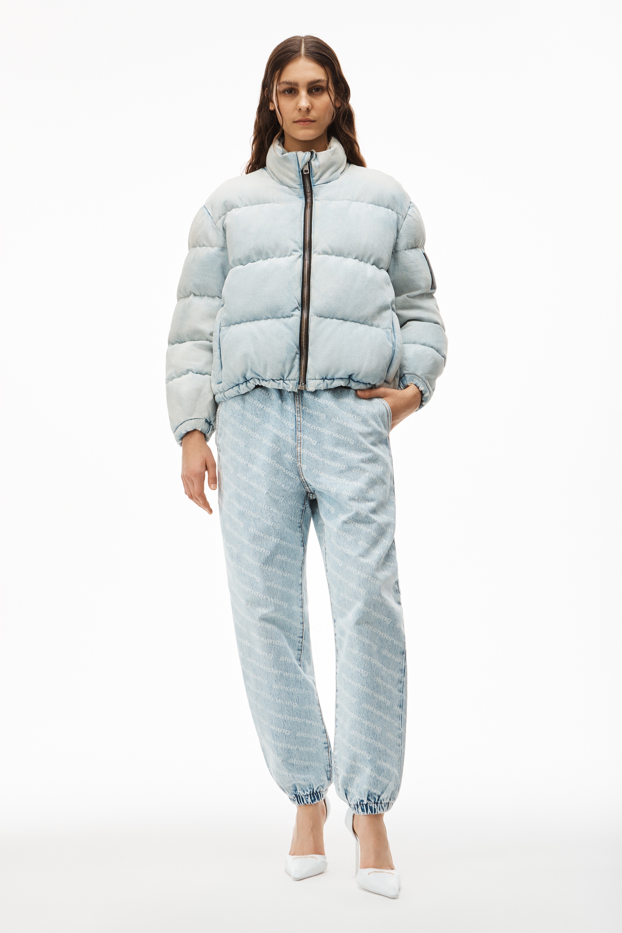 Alexander Wang PUFFER JACKET IN BLEACHED DENIM | REVERSIBLE