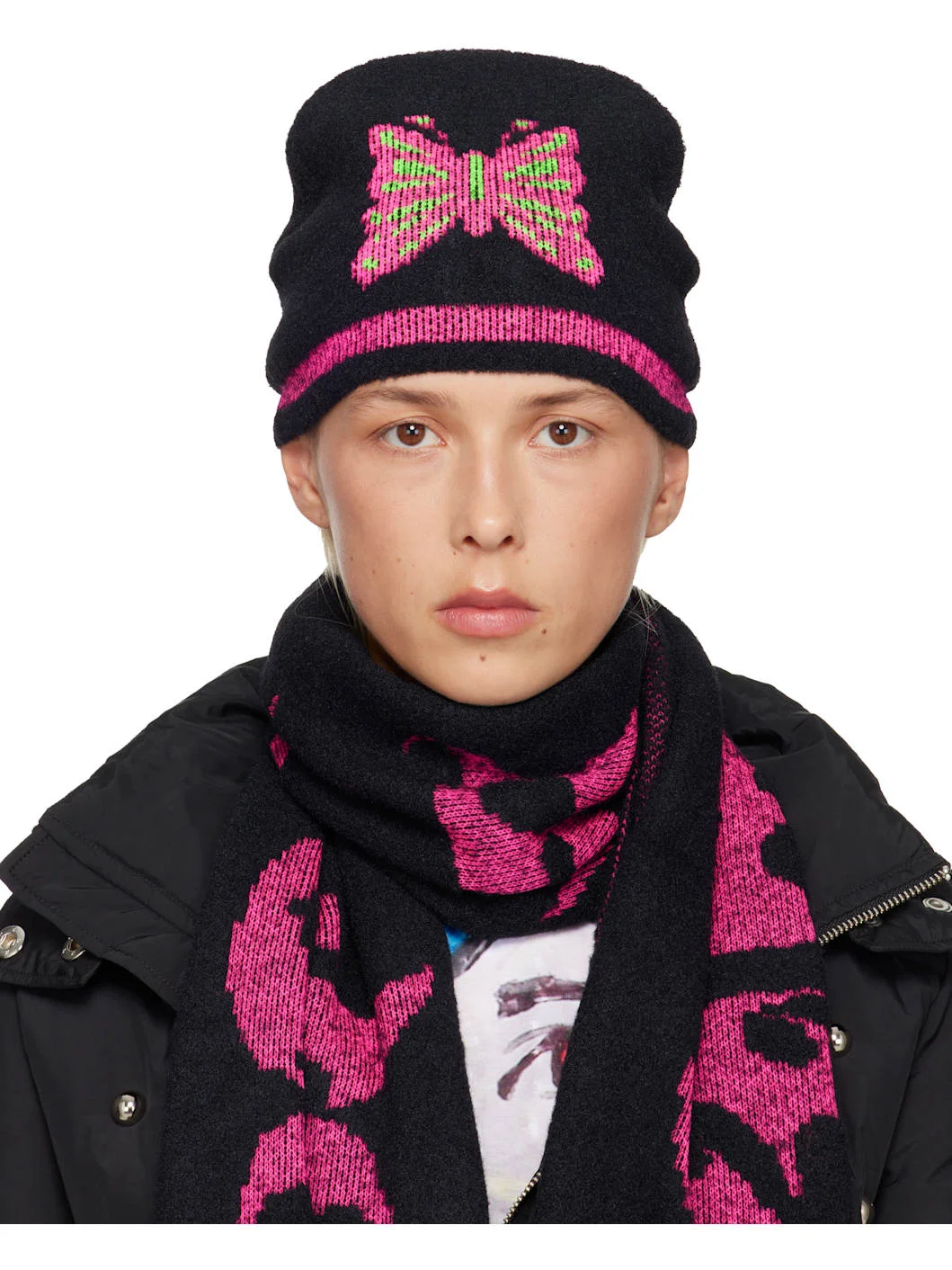 Black & Pink Cyber Butterfly Beanie - 1