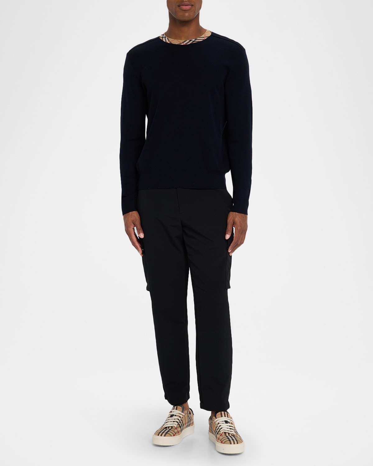 Men's Wool Knit Check-Trim Crewneck Sweater - 2