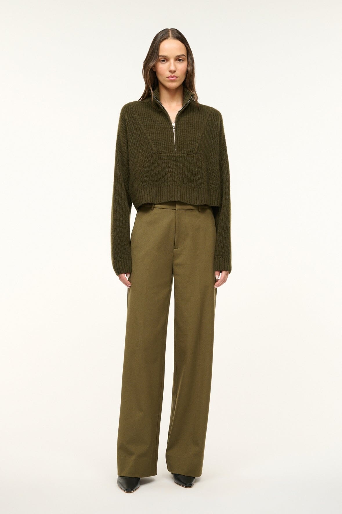 STAUD CASHMERE CROPPED HAMPTON SWEATER OLIVE - 3
