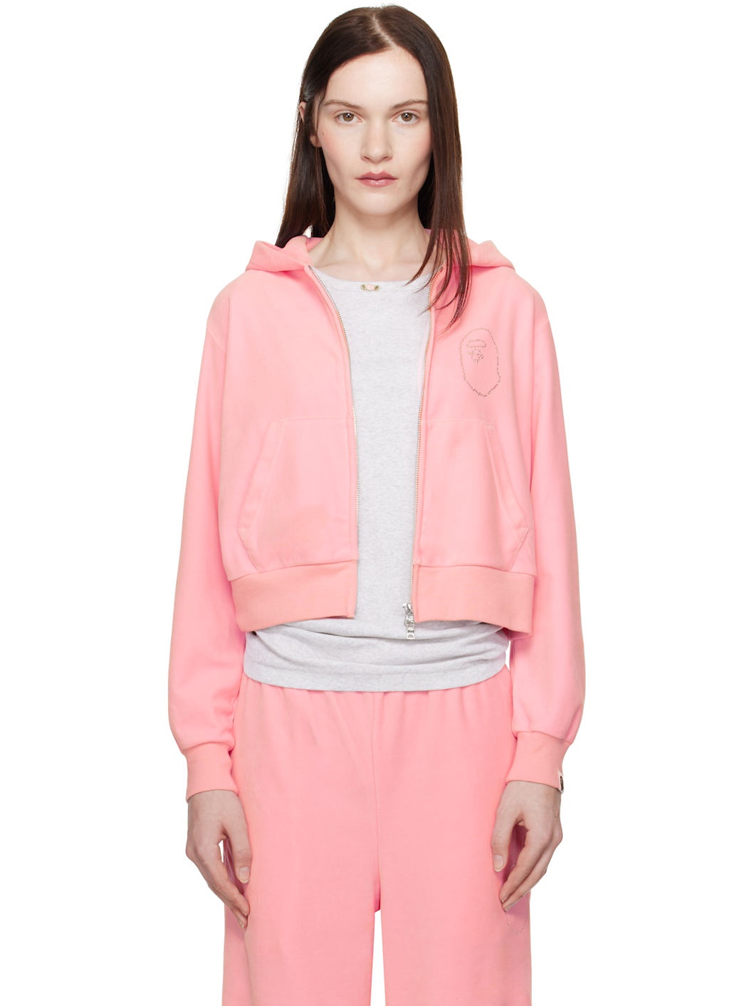 Pink Crystal Stone Ape Head Velour Hoodie - 1