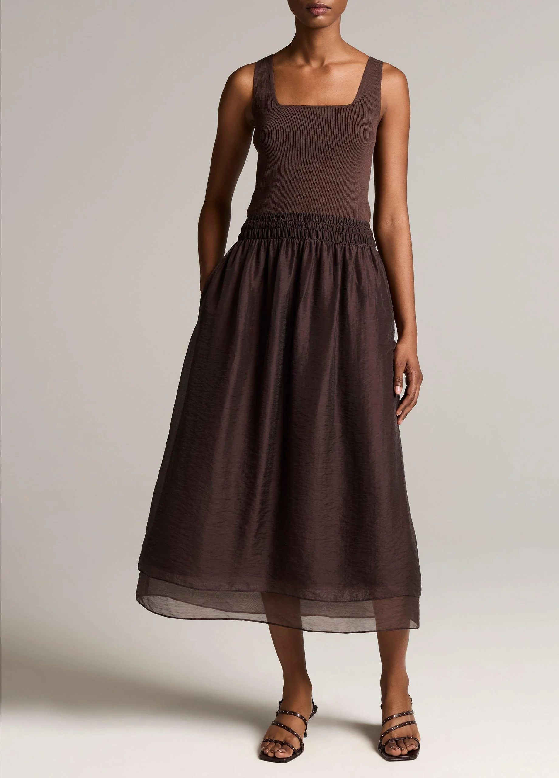 Square-Neck Mixed-Media Dress - 1