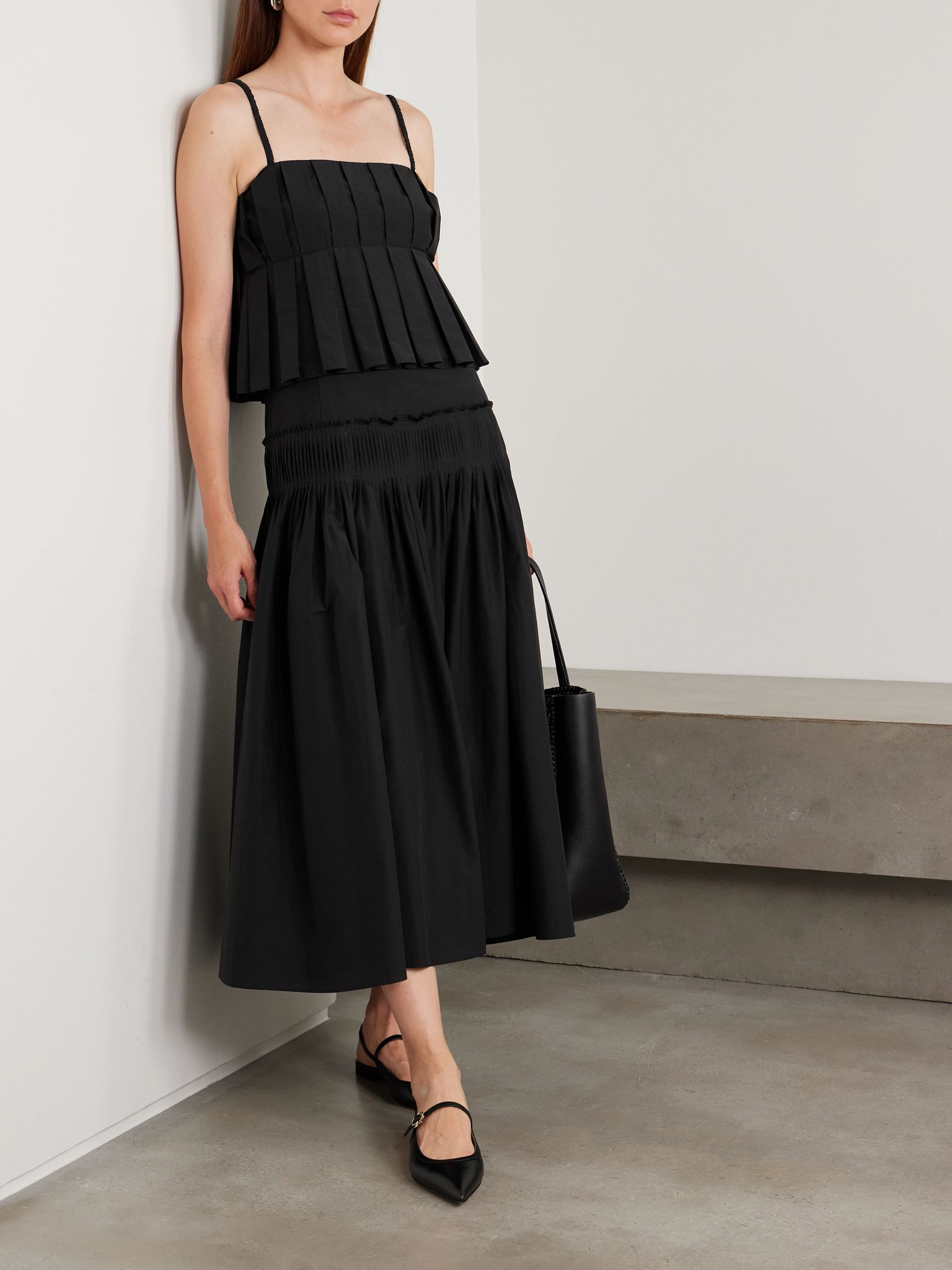 Pleated cotton-blend poplin camisole Black - 2