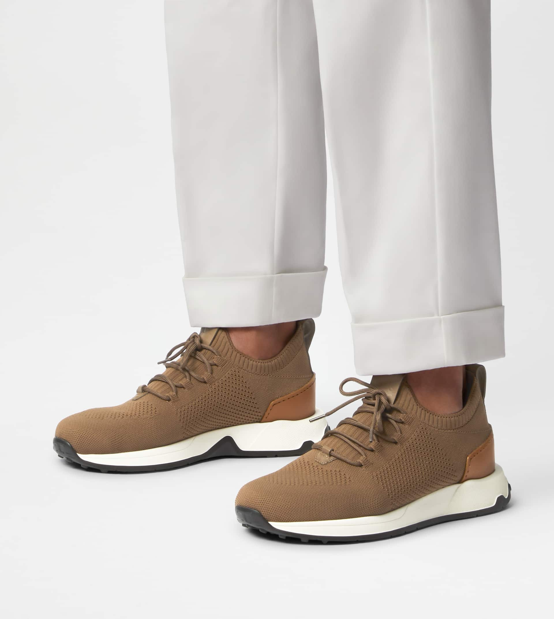 SOCK SNEAKERS IN TECHNICAL FABRIC AND LEATHER - BROWN - 6
