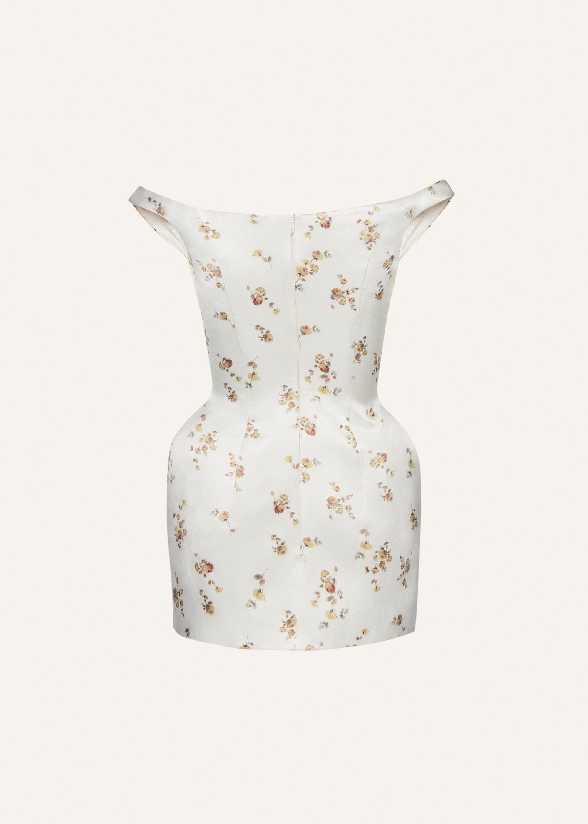 Off-shoulder hip pad midi dress in cream print - 2