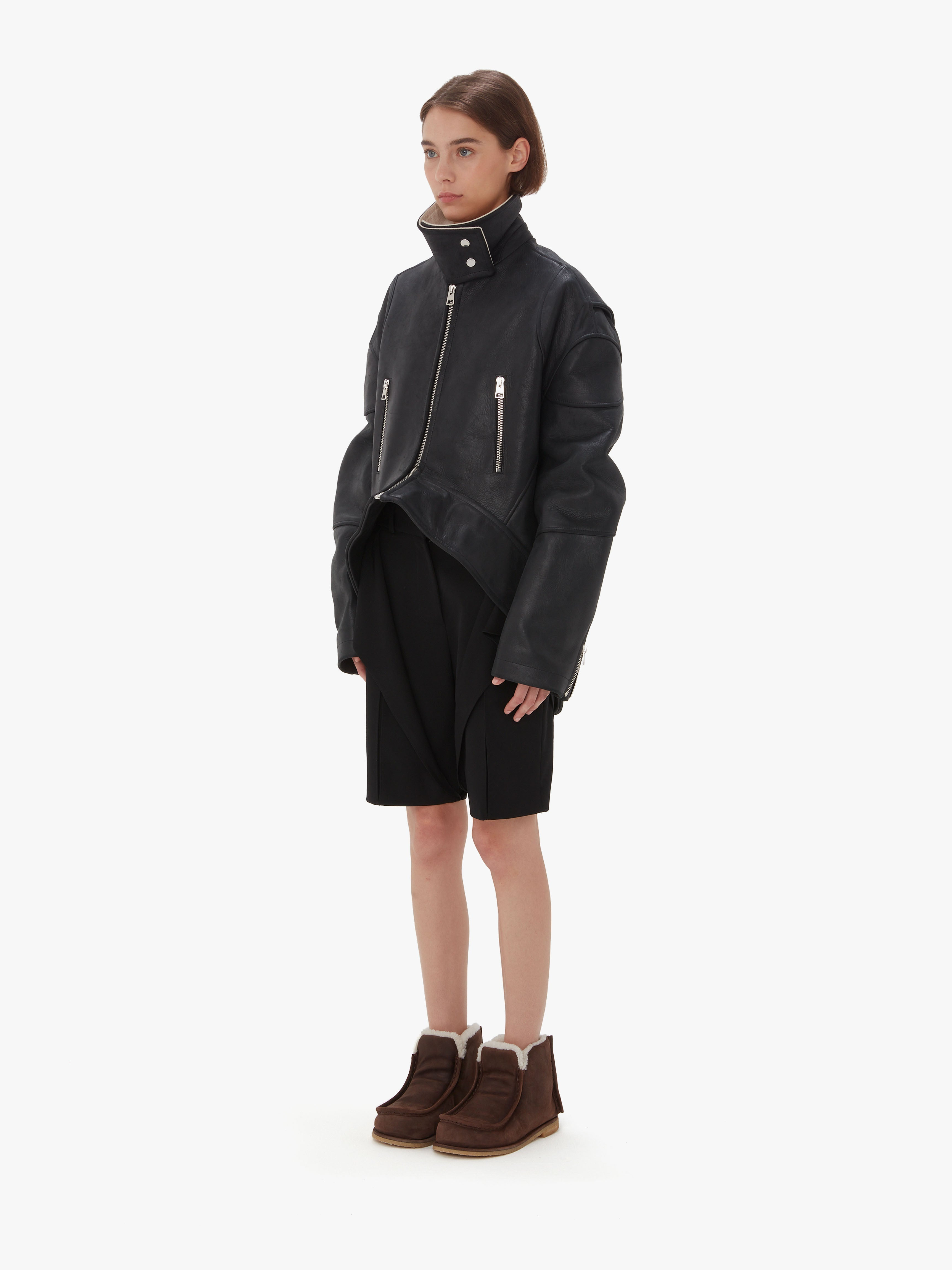 CURVED LEATHER HEM HIGH NECK JACKET - 4