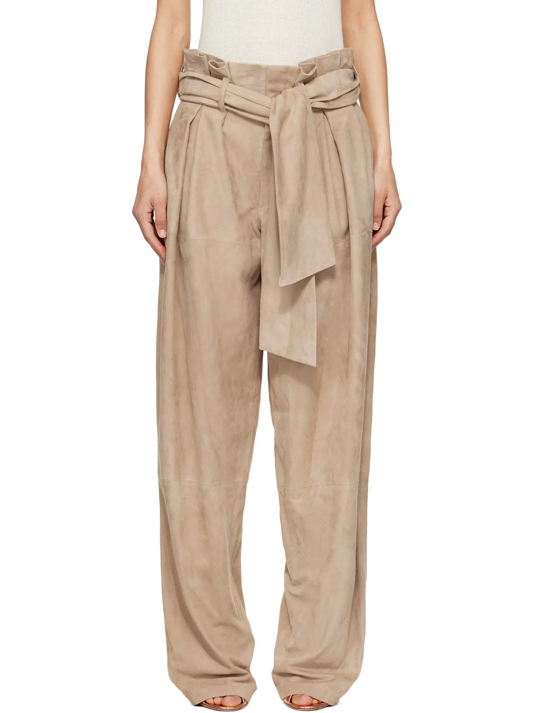 Beige Suede High-Waisted Trousers - 1