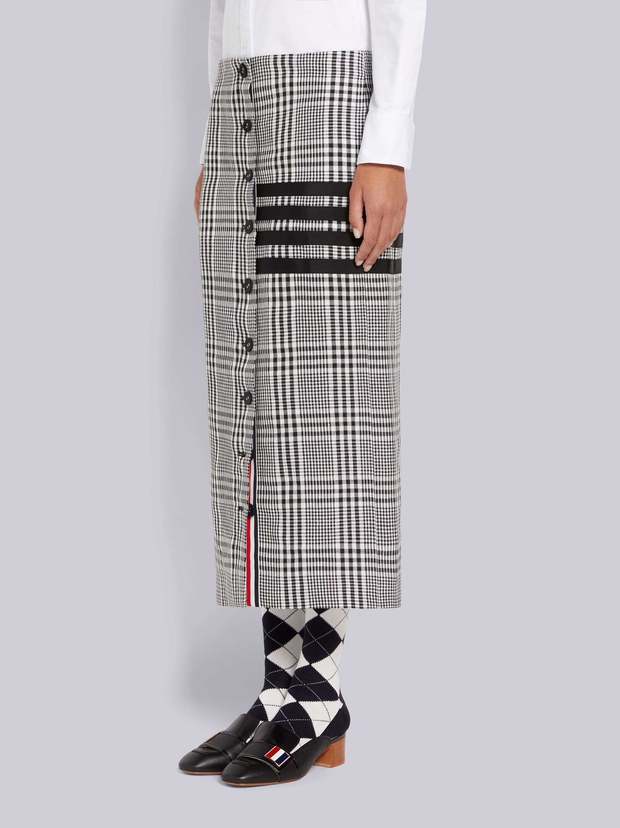 Black and White Gingham Crispy Linen 4-Bar Low Rise Button Front Ankle Length Cardigan Skirt - 2