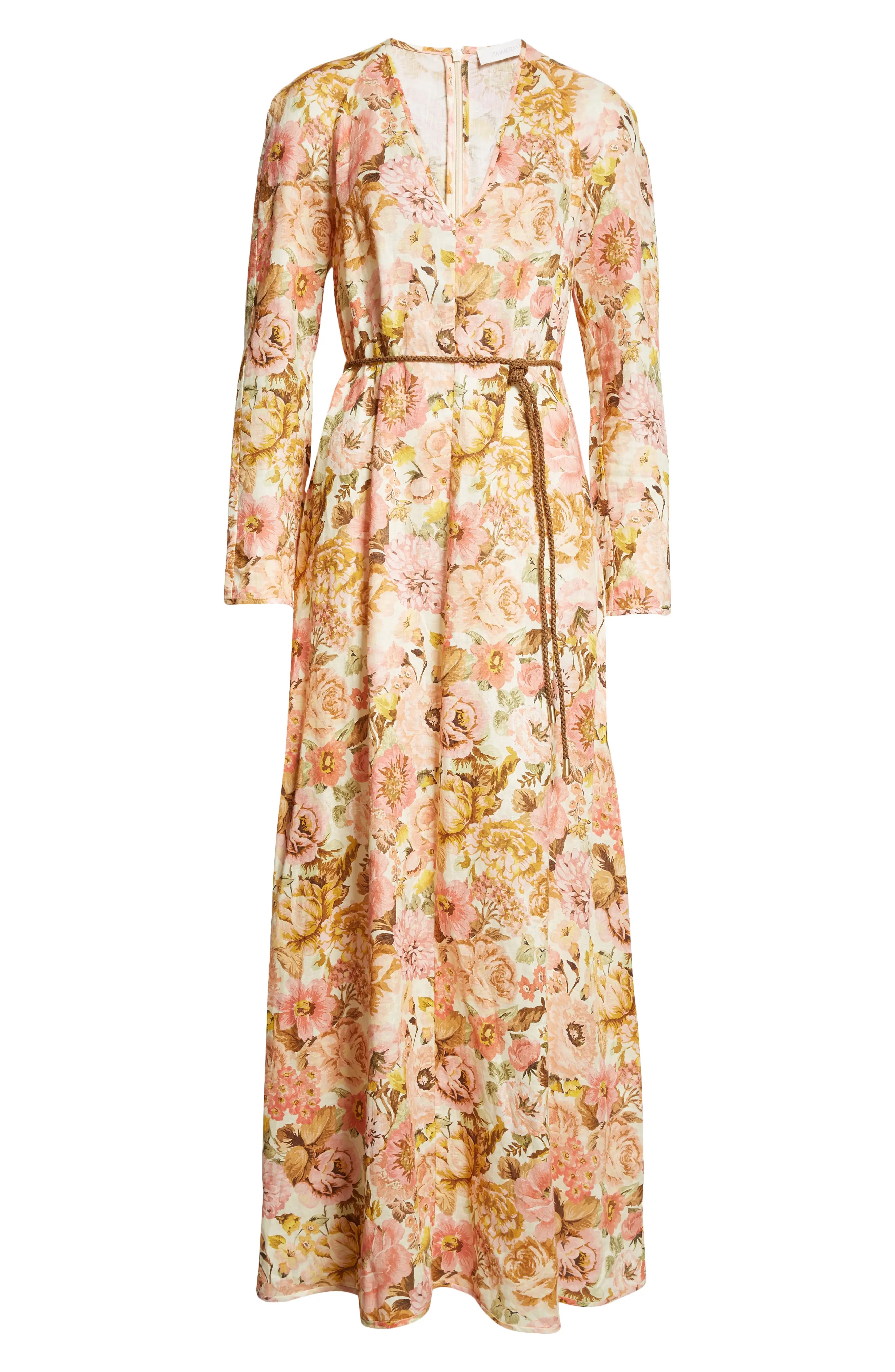 Golden Floral Print Long Sleeve Linen Maxi Dress - 5