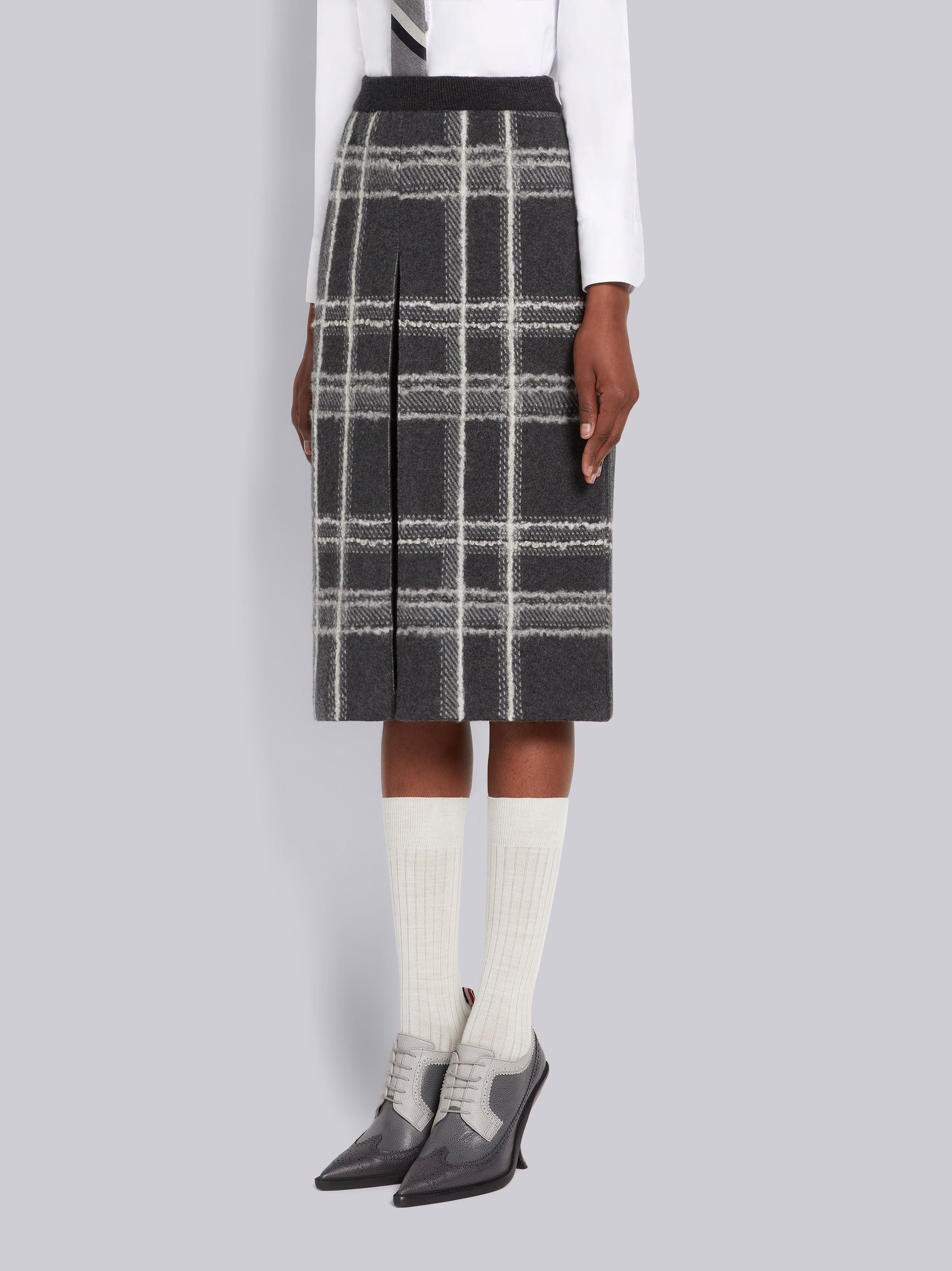 Dark Grey Hairline Madras Check Jacquard Boiled Wool Box Pleat Inlay Below-the-Knee Skirt - 2