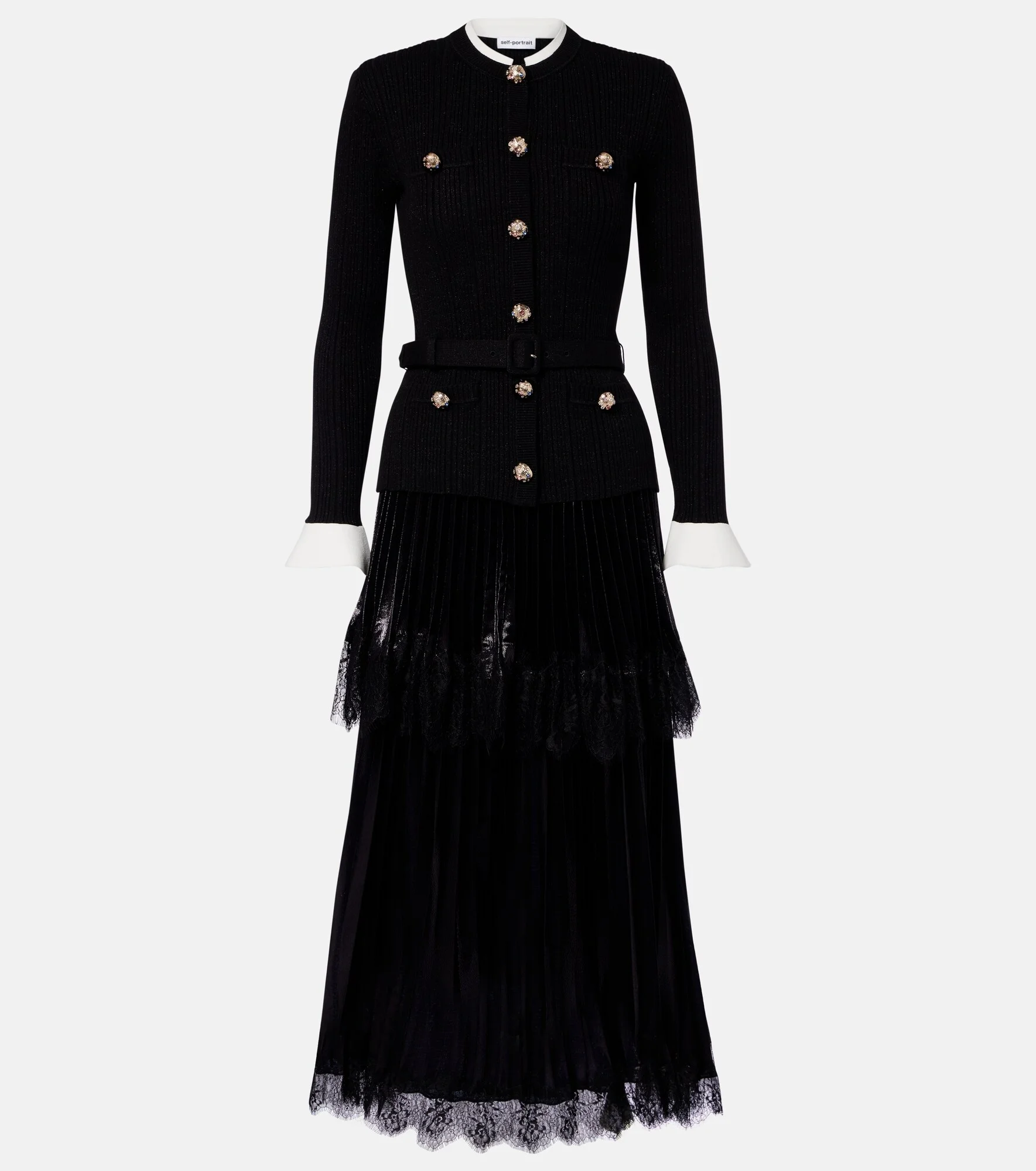 Embellished pleated lace-trimmed midi dress - 1